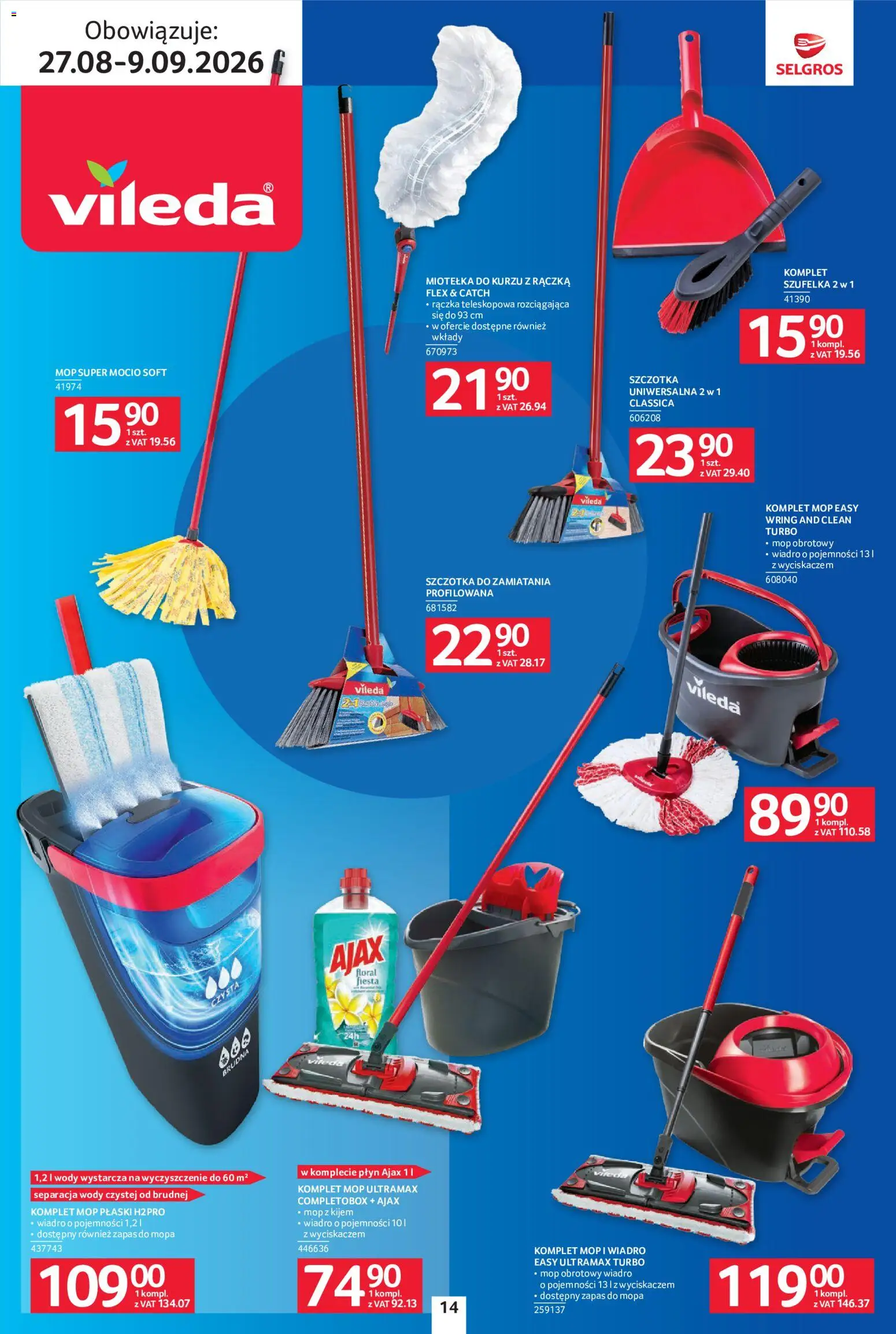 Selgros cash&carry gazetka - Sprzątanie od 27.08.2026 | Strona: 14 | Produkty: Szczotka, Mop obrotowy, Vileda, Mop