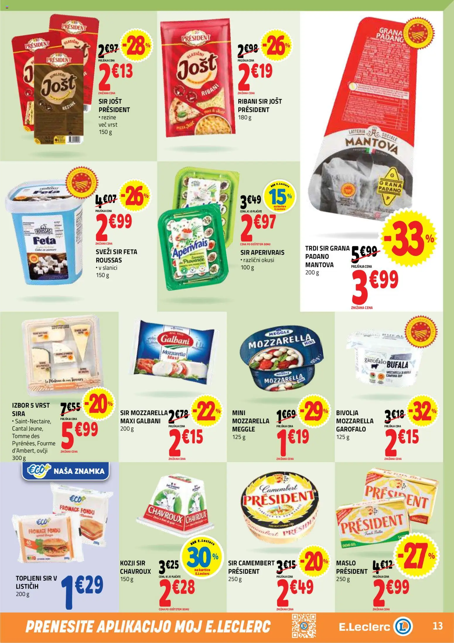 Novi E.leclerc katalog ponudbe – veljaven od 29.07.2026 | Stran: 13 | Izdelki: Trdi sir, Mozzarella, Maslo, Sir