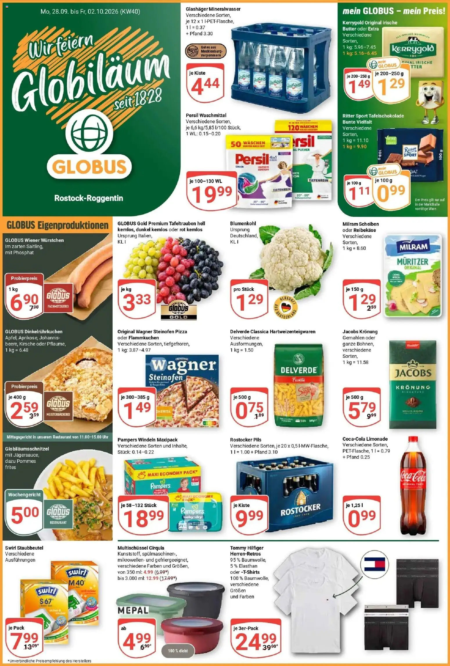 Globus Prospekt Rostock (ab 28.09.2026) » Angebote online | Seite: 1 | Produkte: Wiener wurstchen, Butter, Milram, Persil