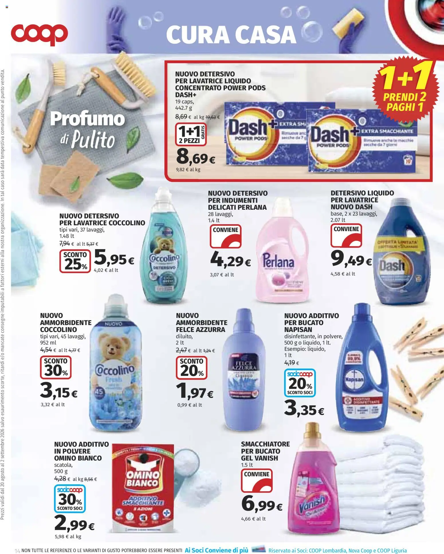 Volantino COOP del 20/08/2026 | Pagina: 14 | Prodotti: Smacchiatore, Lavatrice, Scatola, Profumo