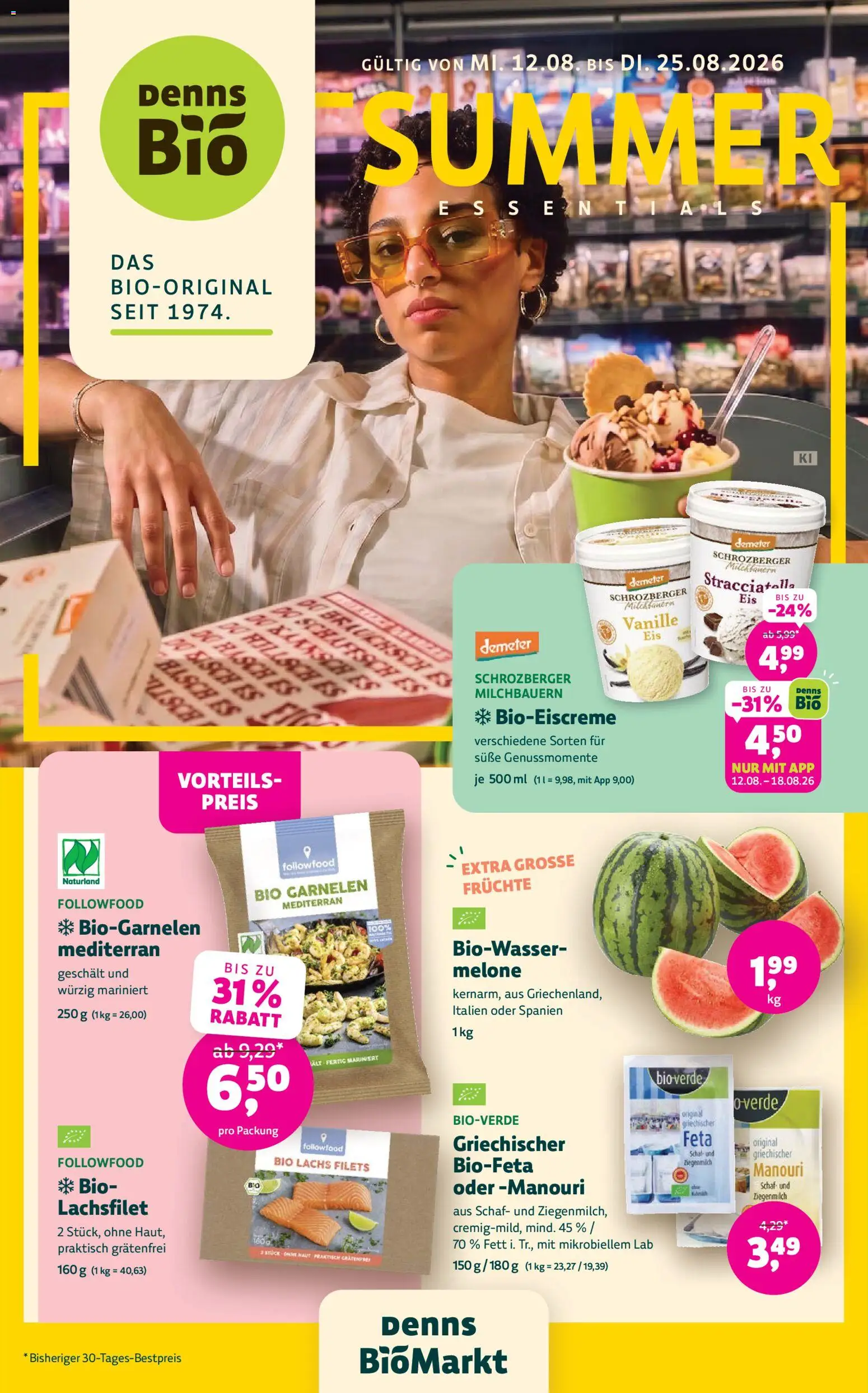 Denns BioMarkt Angebote gültig ab 12.08.2026 | Seite: 1 | Produkte: Melone, Vanille, Lachsfilet