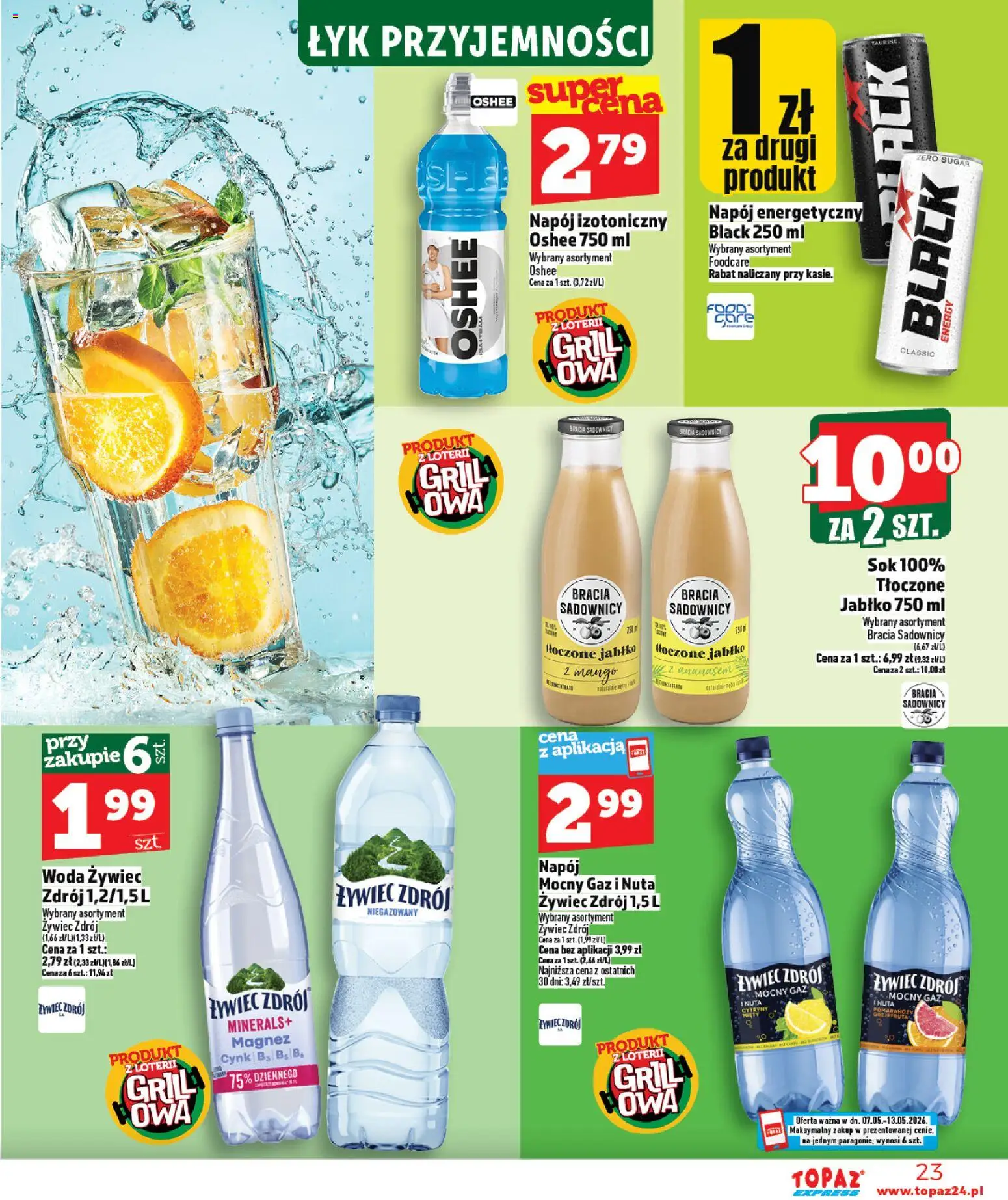 Topaz gazetka - Express od 07.05.2026 | Strona: 23 | Produkty: Mango, Woda żywiec, Sok, Woda