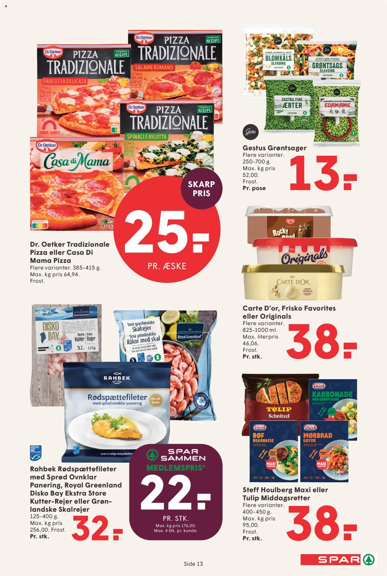 Spar tilbudsavis – gyldig fra 08.05.2026 | Side: 13 | Produkter: Pizza, Salat, Ærter, Rejer
