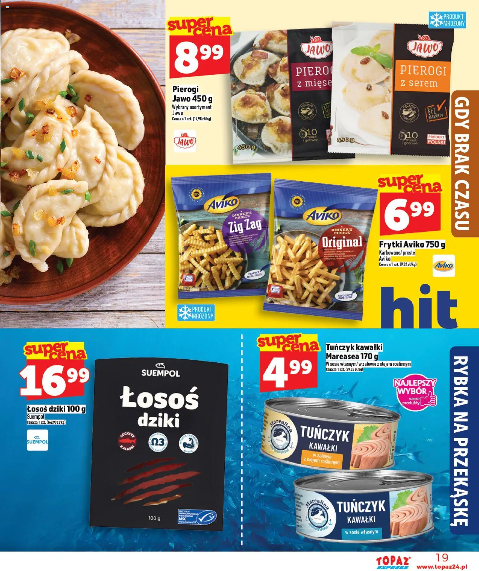 Topaz gazetka - Express od 07.05.2026 | Strona: 19 | Produkty: Pierogi, Bezy, Łosoś, Tuńczyk