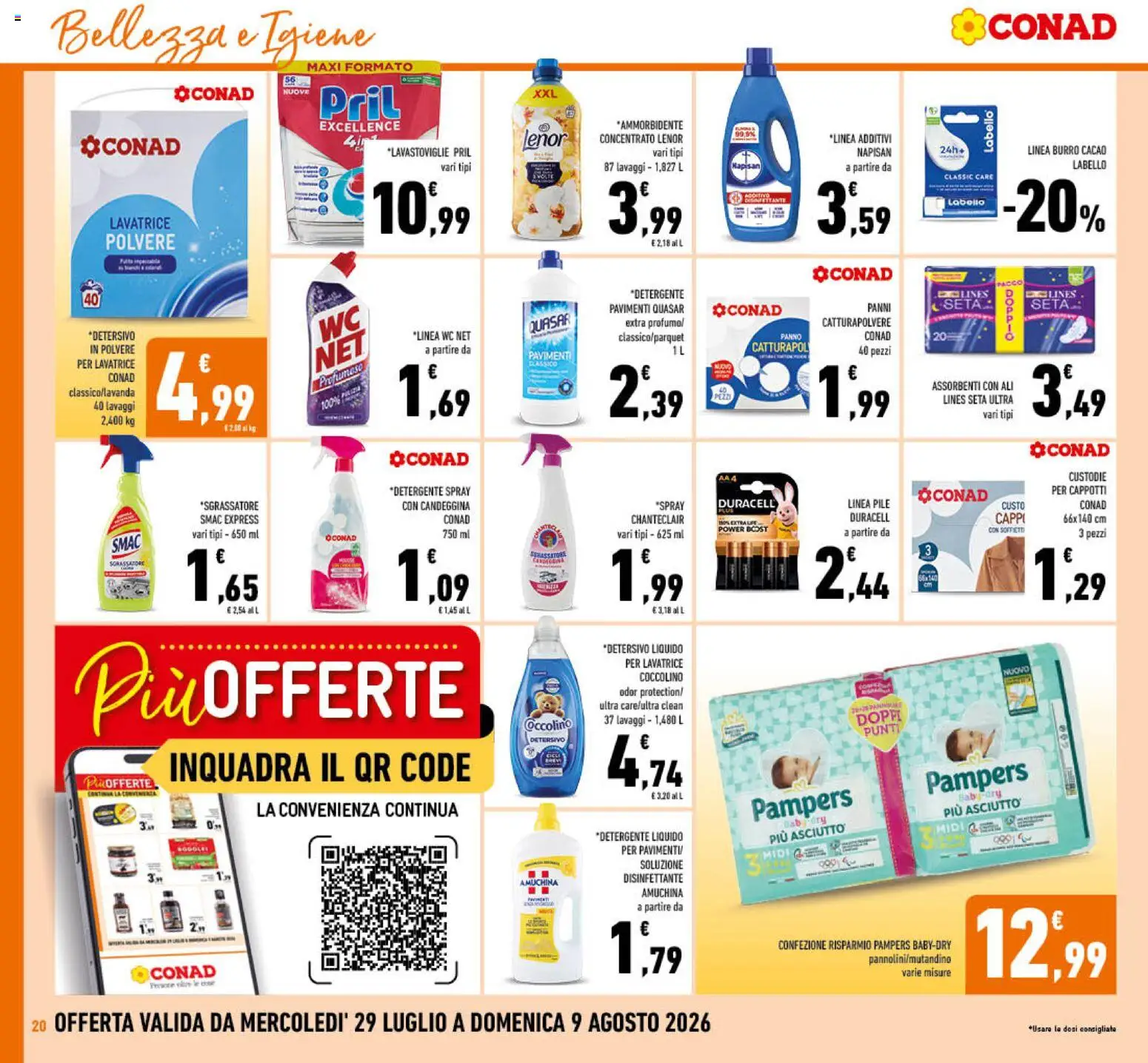 Volantino Conad del 29/07/2026 | Pagina: 20 | Prodotti: Pile, Detergente, Lavastoviglie, Pampers