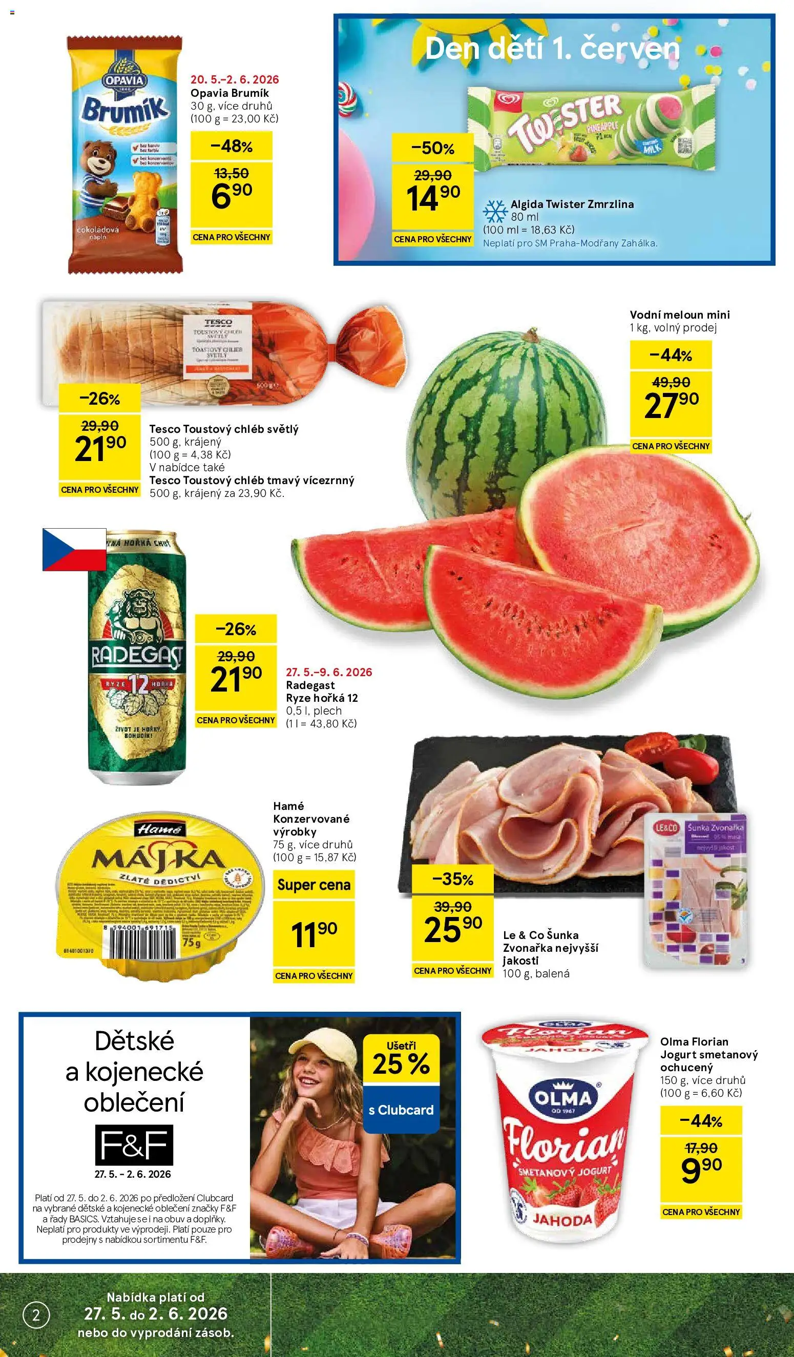 Tesco leták - Supermarket od 27.05.2026 | Strana: 2 | Produkty: Chléb, Šunka, Radegast, Toustový chléb