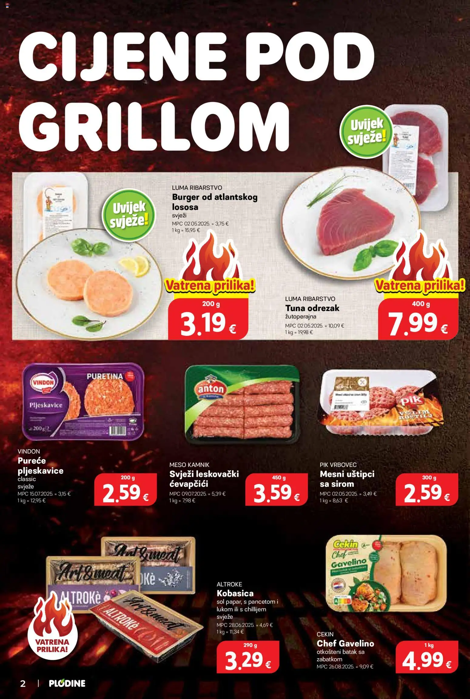 Plodine katalog | vrijedi od 29.04.2026 | Stranica: 2 | Proizvodi: Pljeskavice, Sol, Kobasica, Tuna