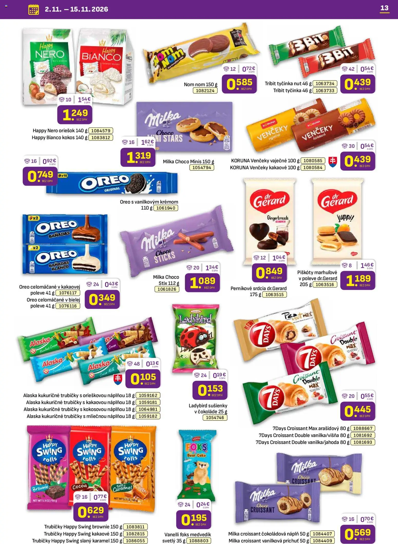 Nové Libex akcie – leták je platný od 02.11.2026 | Strana: 13 | Produkty: Kokos, Croissant, Sušienky, Trubičky