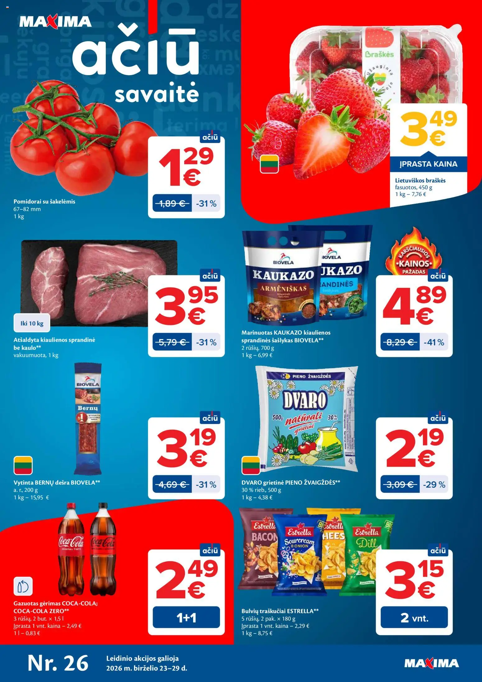 MAXIMA akcijos nuo 2026.06.23 | Puslapis: 1 | Prekių: Kiaulienos, Pomidorai, Grietinė, Traškučiai