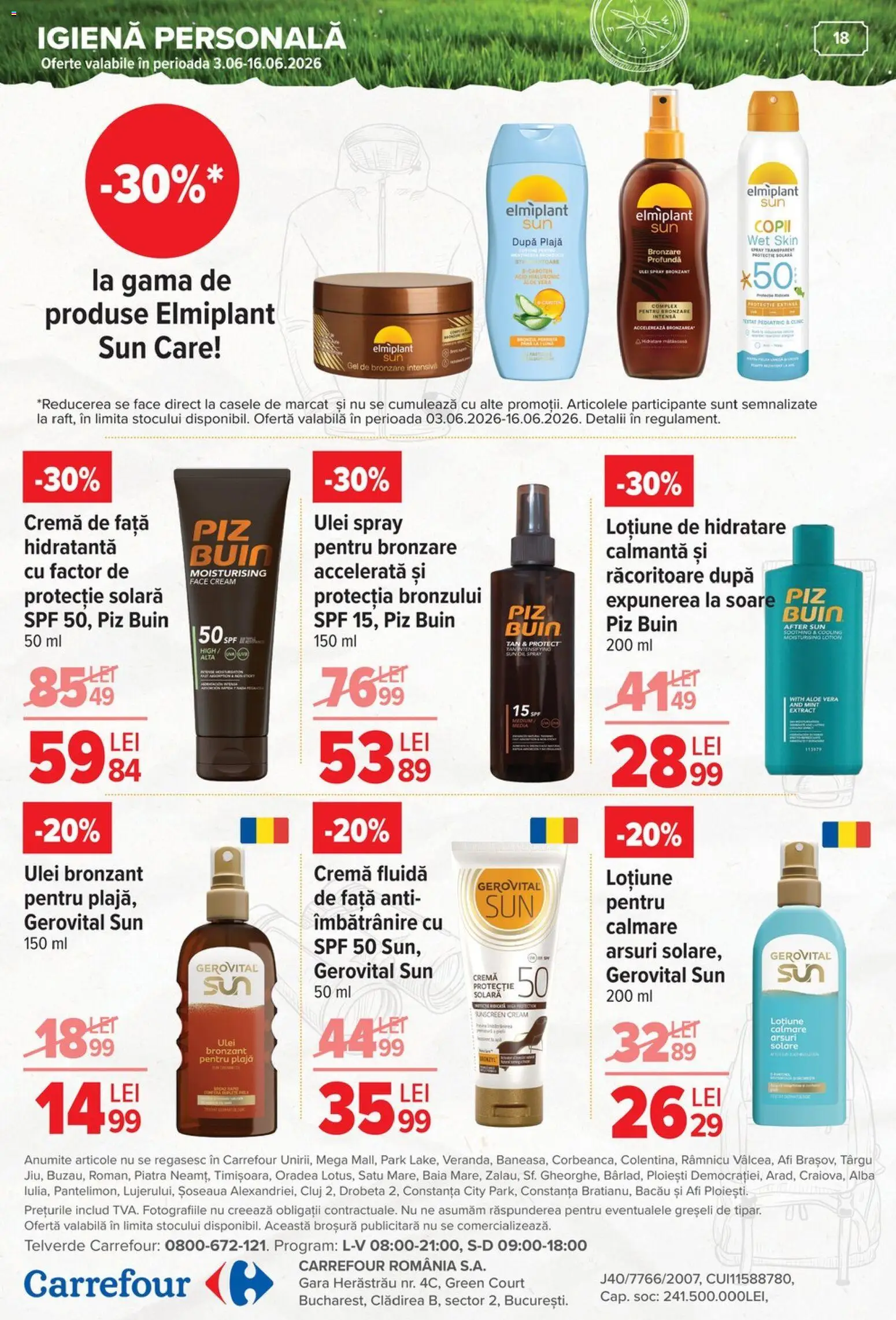 Noul catalog Carrefour – valabil de la 03.06.2026 | Pagină: 19 | Produse: Gel de bronzare, Aloe vera, Ulei, Protecție solară