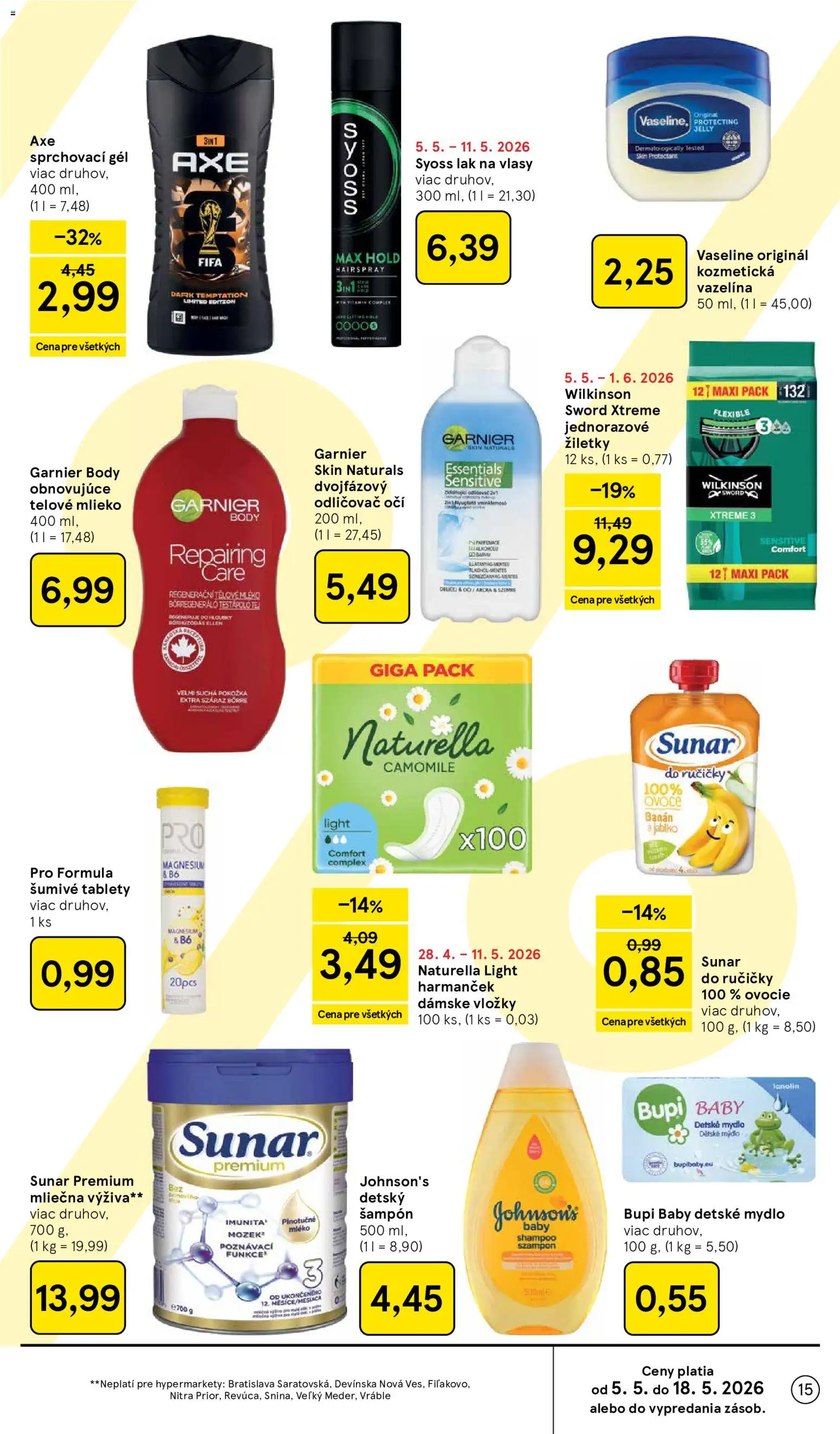 Nové Tesco akcie – leták je platný od 06.05.2026 | Strana: 15 | Produkty: Šampón, Odličovač, Odličovač očí, Mydlo