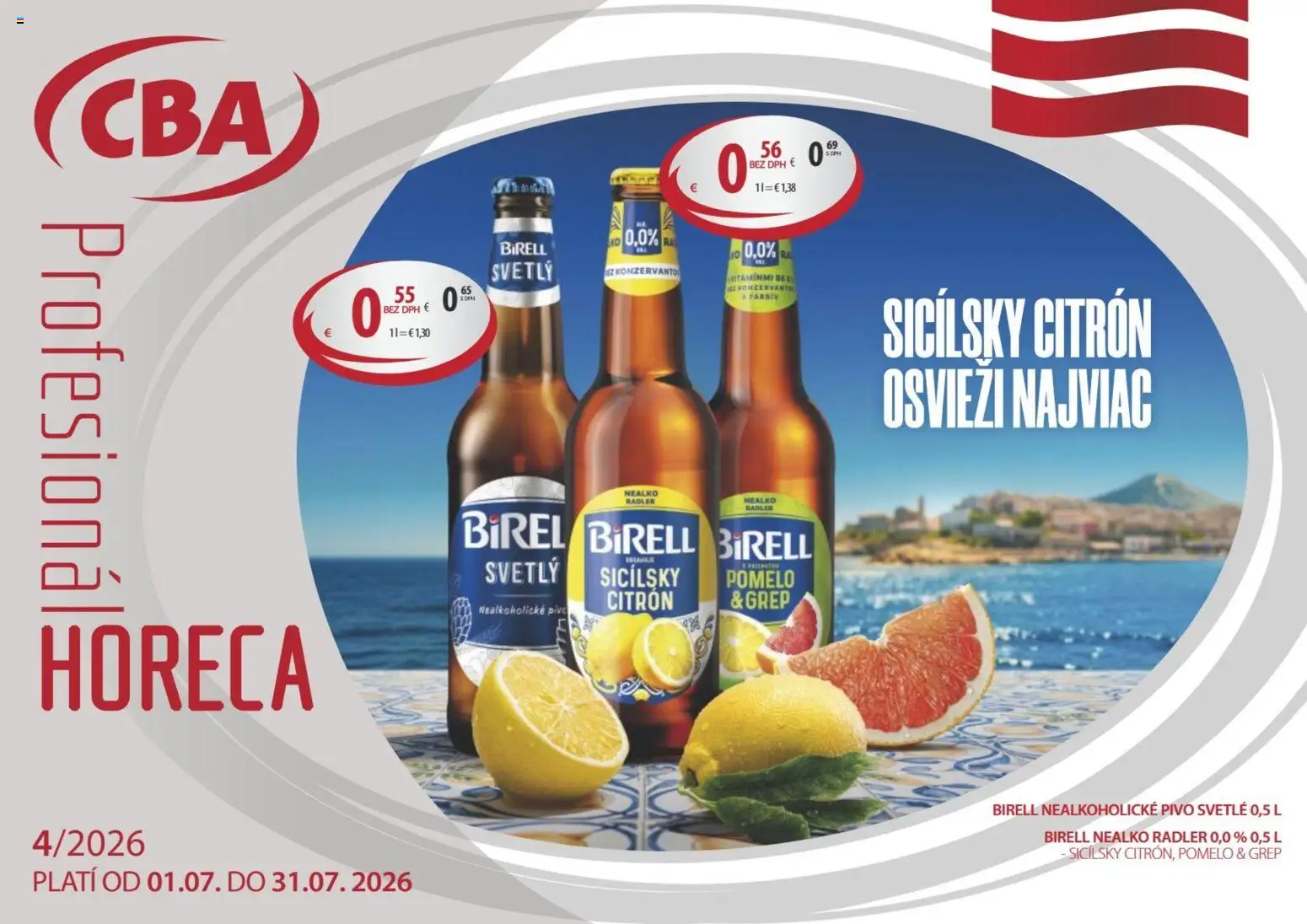 Nové KARMEN CBA akcie – leták je platný od 01.07.2026 | Strana: 1 | Produkty: Birell, Radler, Nealkoholické pivo, Pomelo