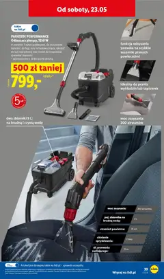 Pogląd oferty "PARKSIDE PERFORMANCE Odkurzacz piorący, 1250 W, w zestawie: 3 dysze (podłogowa, do czyszczenia tapicerki, do fug), rura natryskowa/ssąca, rękojeść do rury natryskowej oraz środek do czyszczenia dywanów i tapicerki" - ważna od 18.05.2026 | Strona: 47 | Produkty: Odkurzacz, Cleaner