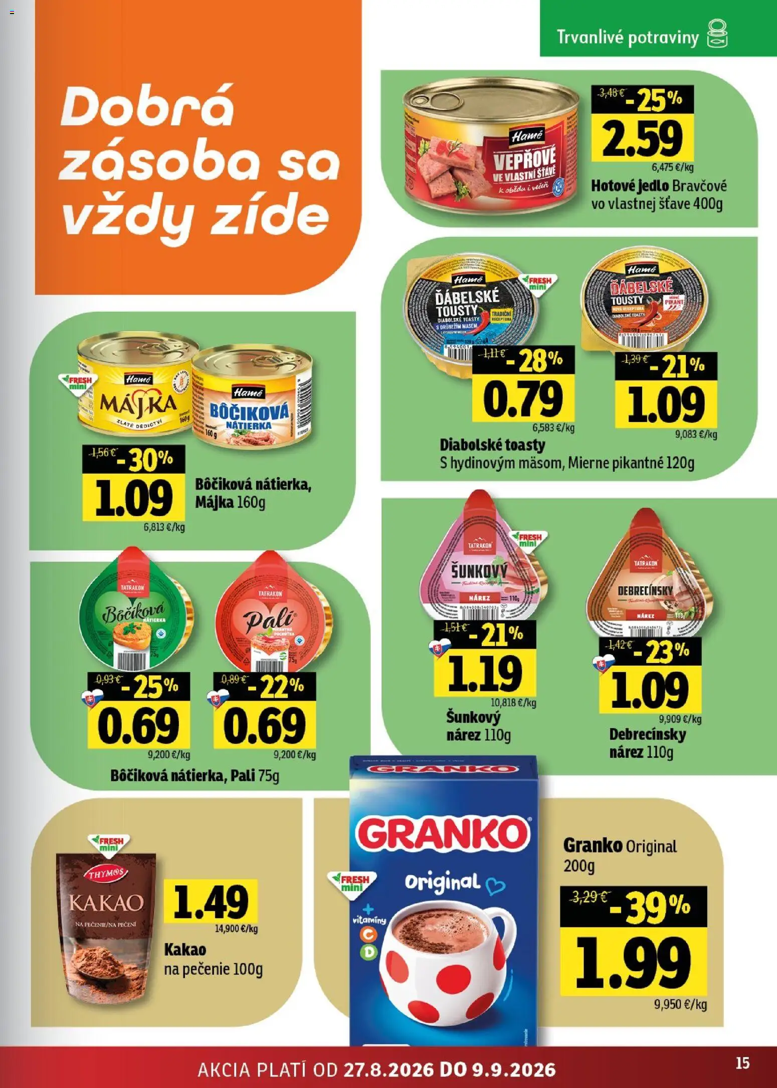 Nové Fresh akcie – leták je platný od 27.08.2026 | Strana: 15 | Produkty: Nátierka, Toasty, Granko, Kakao