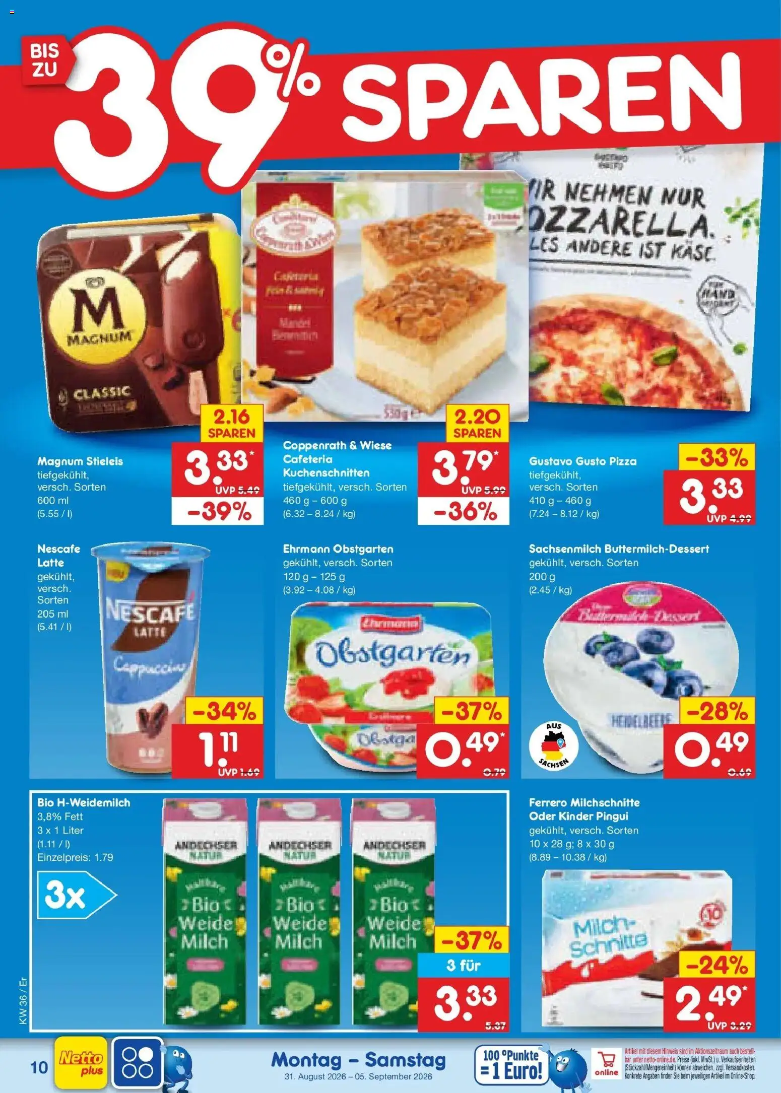 Netto Marken-Discount Prospekt Weimar – gültig ab 31.08.2026 | Seite: 12 | Produkte: Gustavo gusto, Milch, Pizza, Ferrero milchschnitte
