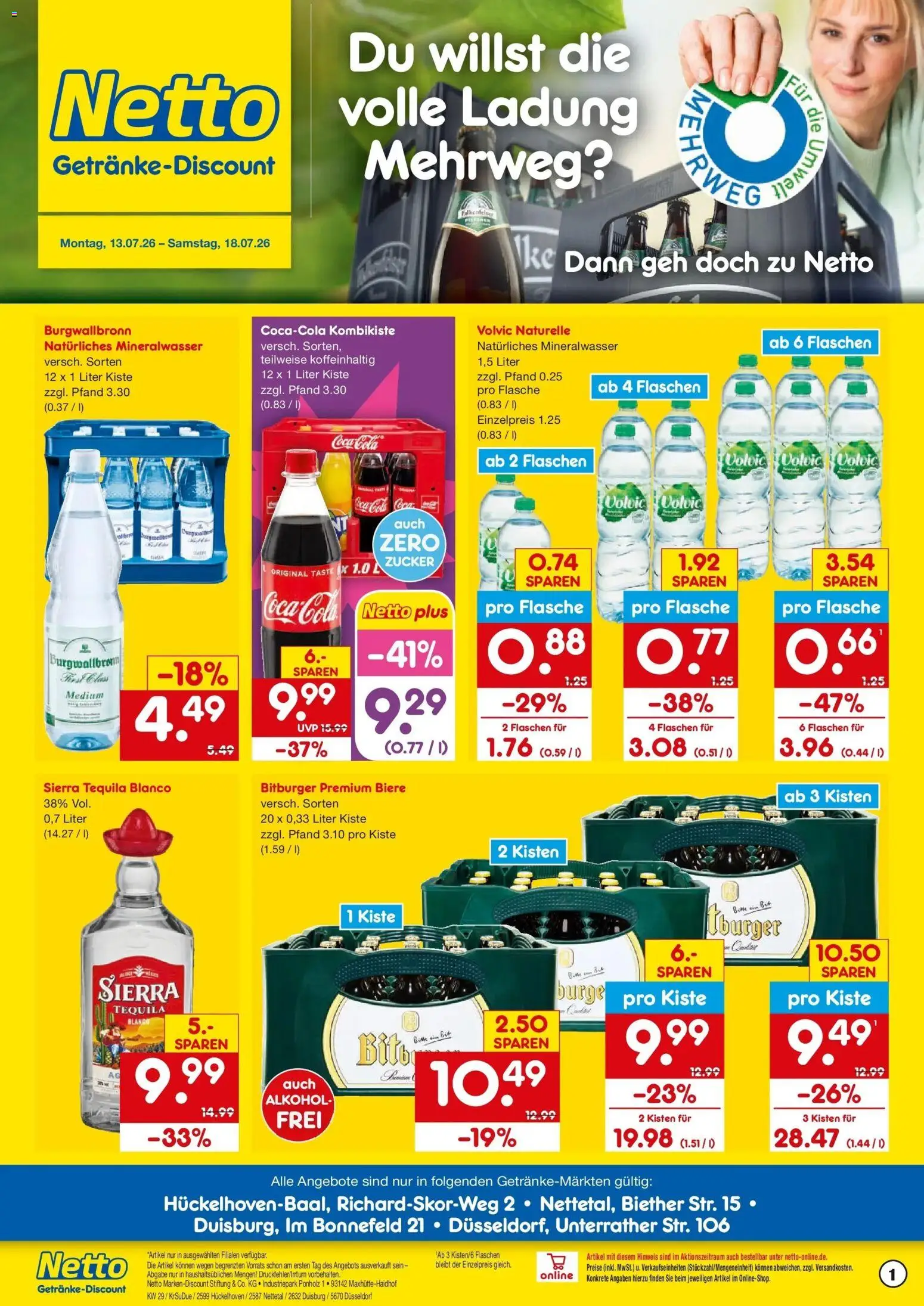 Netto Marken-Discount Prospekt Hückelhoven-Baal – gültig ab 13.07.2026 | Seite: 1 | Produkte: Bitburger, Cola, Mineralwasser, Volvic