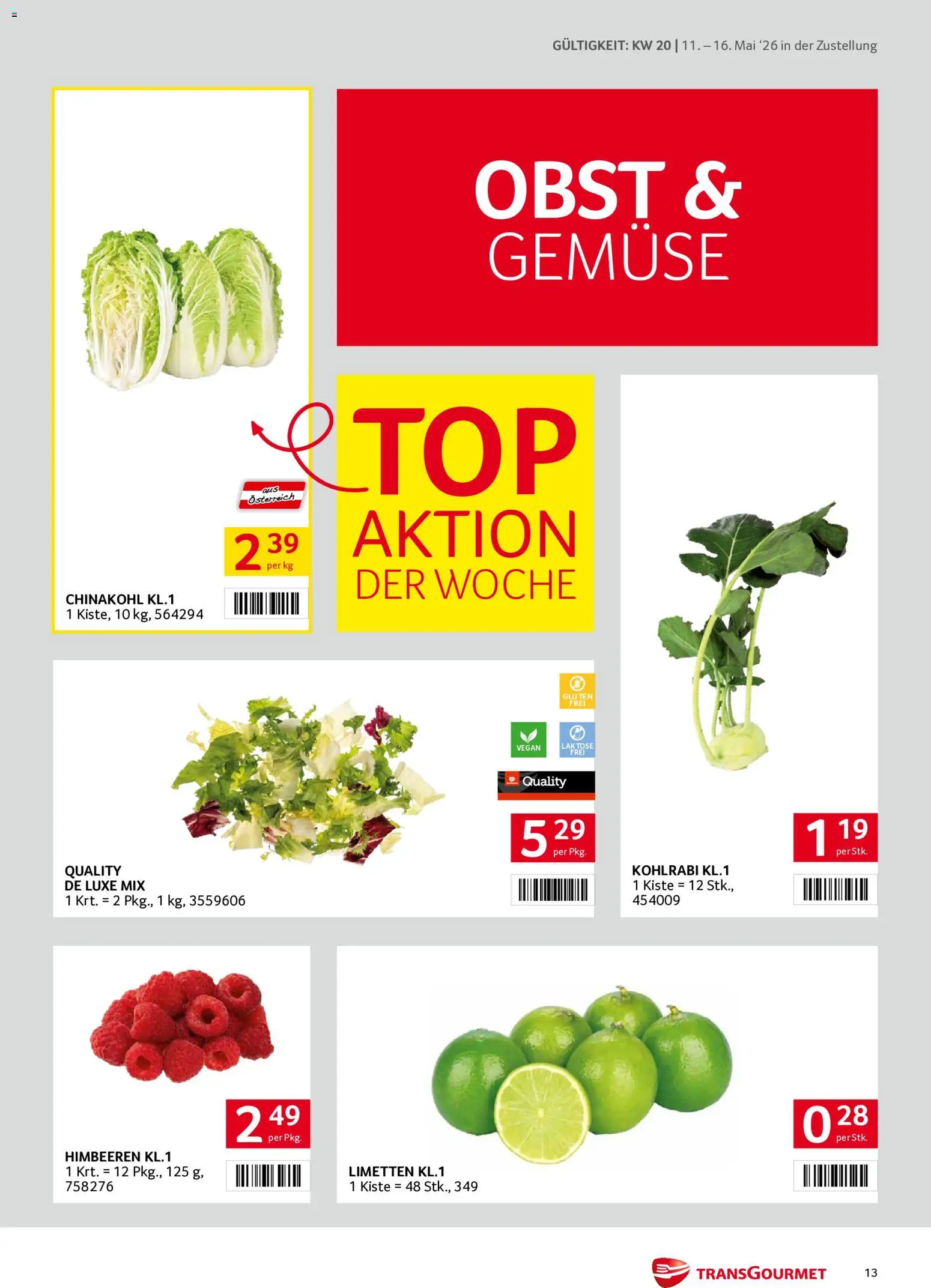 Transgourmet Zustellaktion gültig ab 11.05.2026 | Seite: 13 | Produkte: Gemüse, Obst, Chinakohl