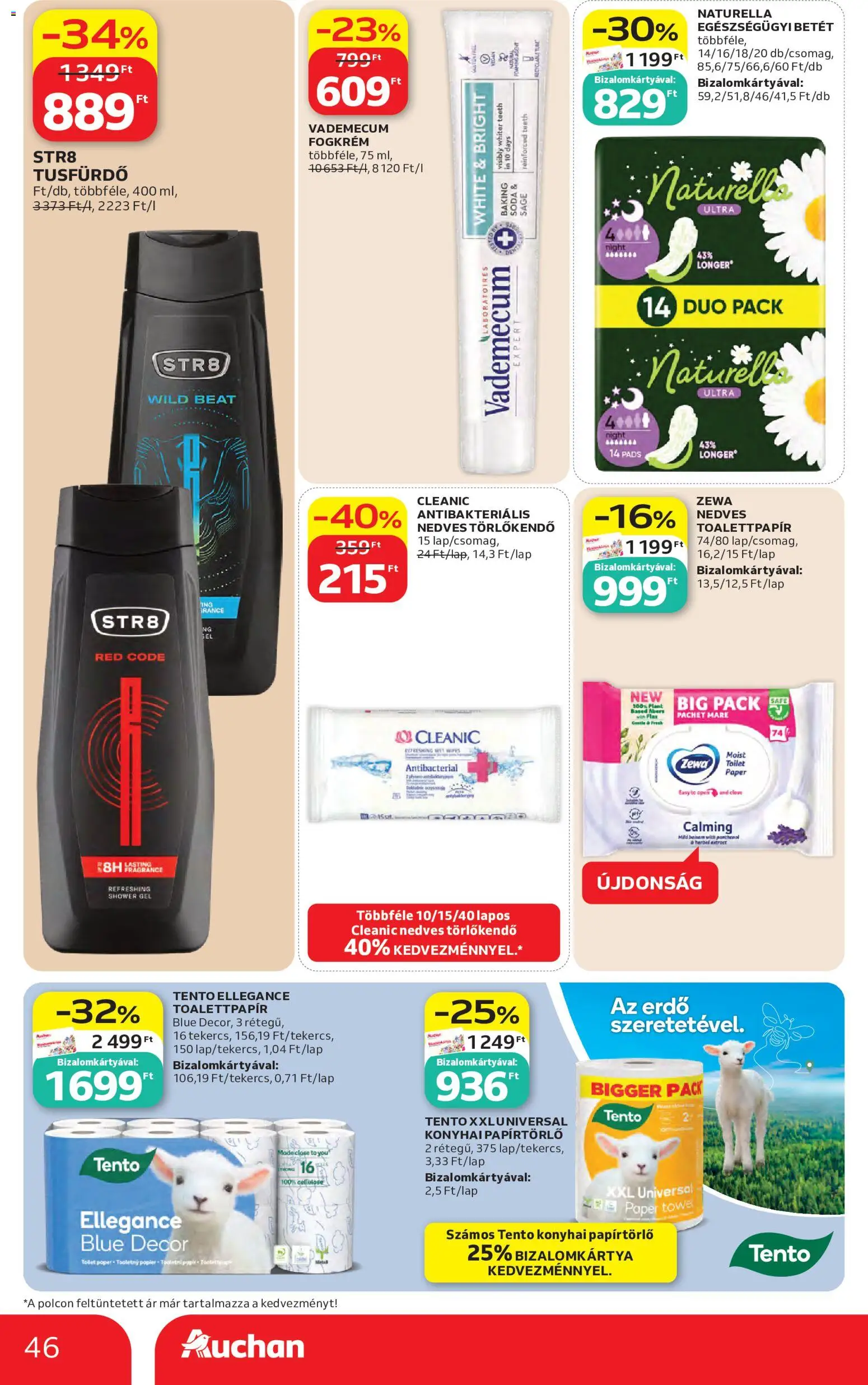 Auchan akciós ujság - amely érvényes a következő dátumtól: 07.05.2026 | Oldal: 46 | Termékek: Papírtörlő, Nedves törlőkendő, Tusfürdő, Fogkrém