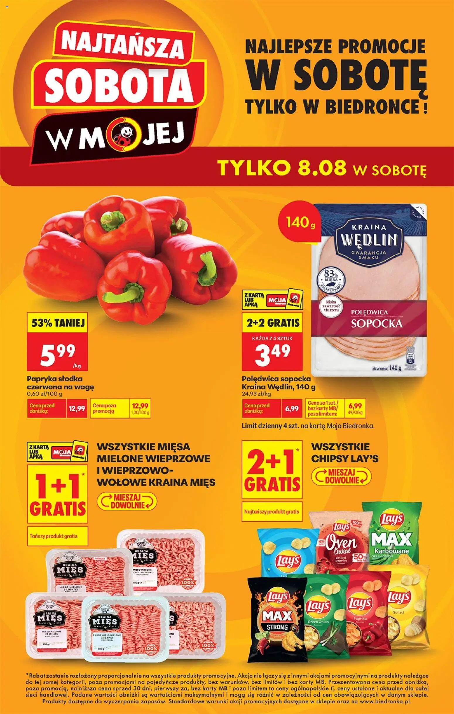 Biedronka gazetka - Najtańsza sobota od 08.08.2026 | Strona: 1 | Produkty: Polędwica sopocka, Bell, Mięso mielone, Lays