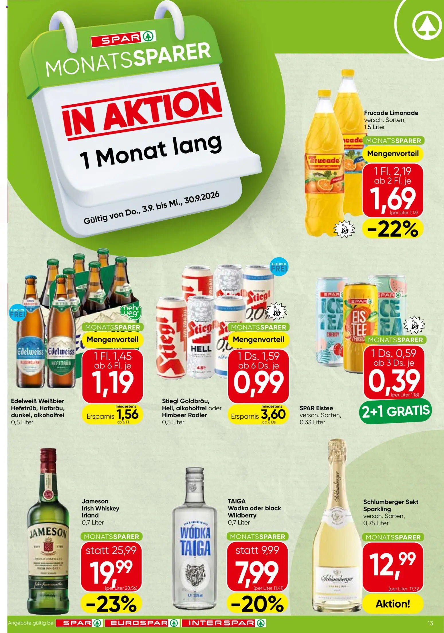 Spar Monatssparer gültig ab 03.09.2026 | Seite: 1 | Produkte: Wodka, Whiskey, Radler