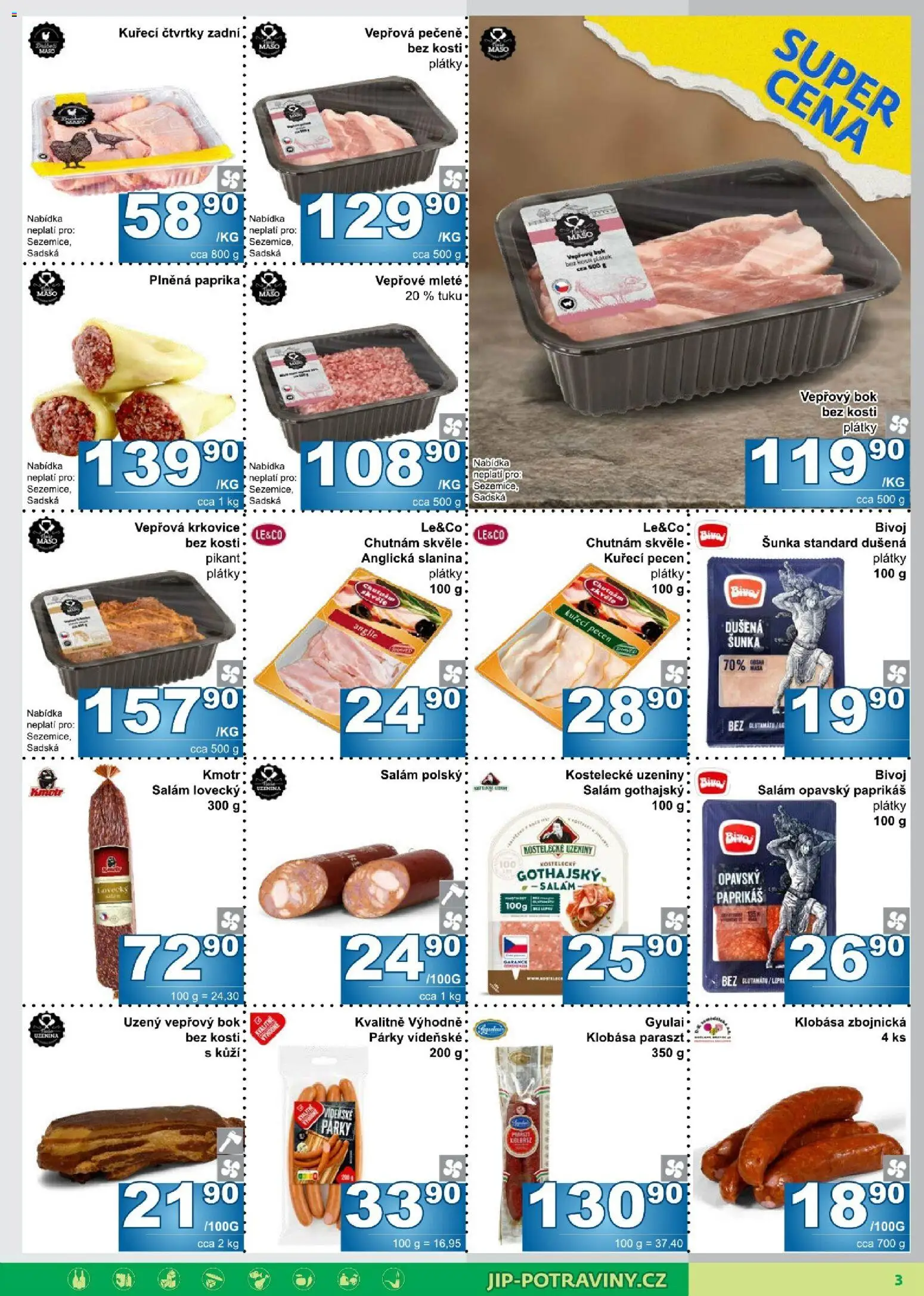 Jip leták od 07.10.2026 | Strana: 3 | Produkty: Kuřecí čtvrtky, Bok bez kosti, Anglická slanina, Vepřová krkovice