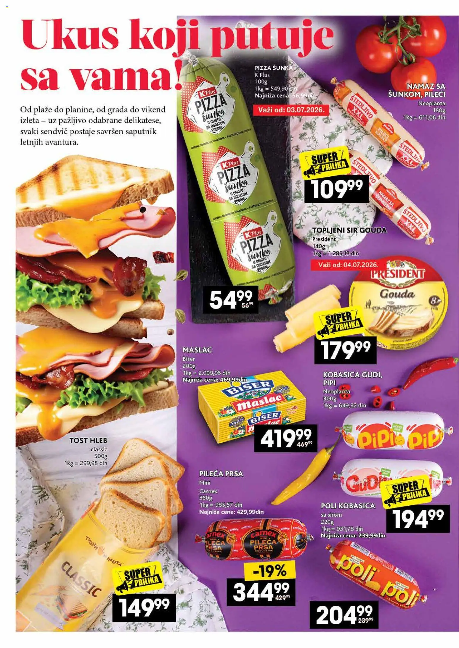 Mercator katalog - važi od 02.07.2026 | Strana: 2 | Proizvode: Pileća prsa, Hleb, Topljeni sir, Kobasica