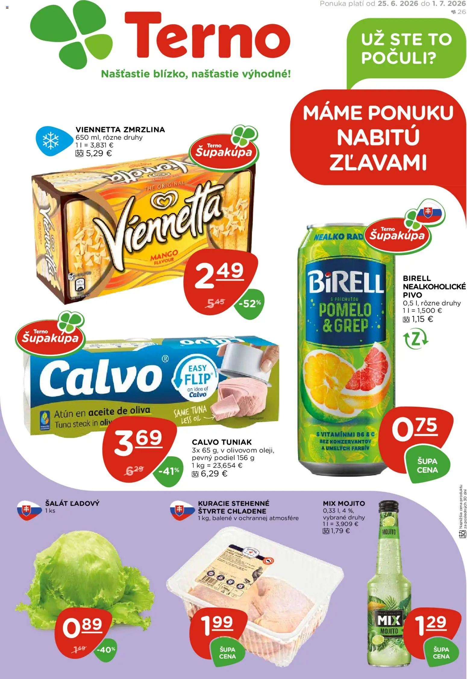 Nové Terno akcie – leták je platný od 25.06.2026 | Strana: 1 | Produkty: Tuniak, Birell, Šalát, Pomelo