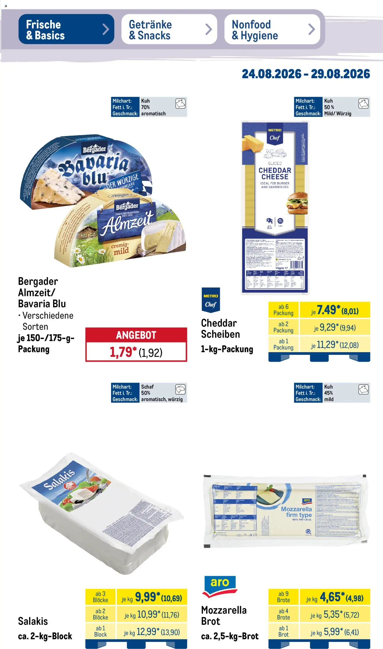 Metro NonFood-Angebote – gültig ab 24.08.2026 | Seite: 44 | Produkte: Mozzarella, Burger, Salakis, Brot