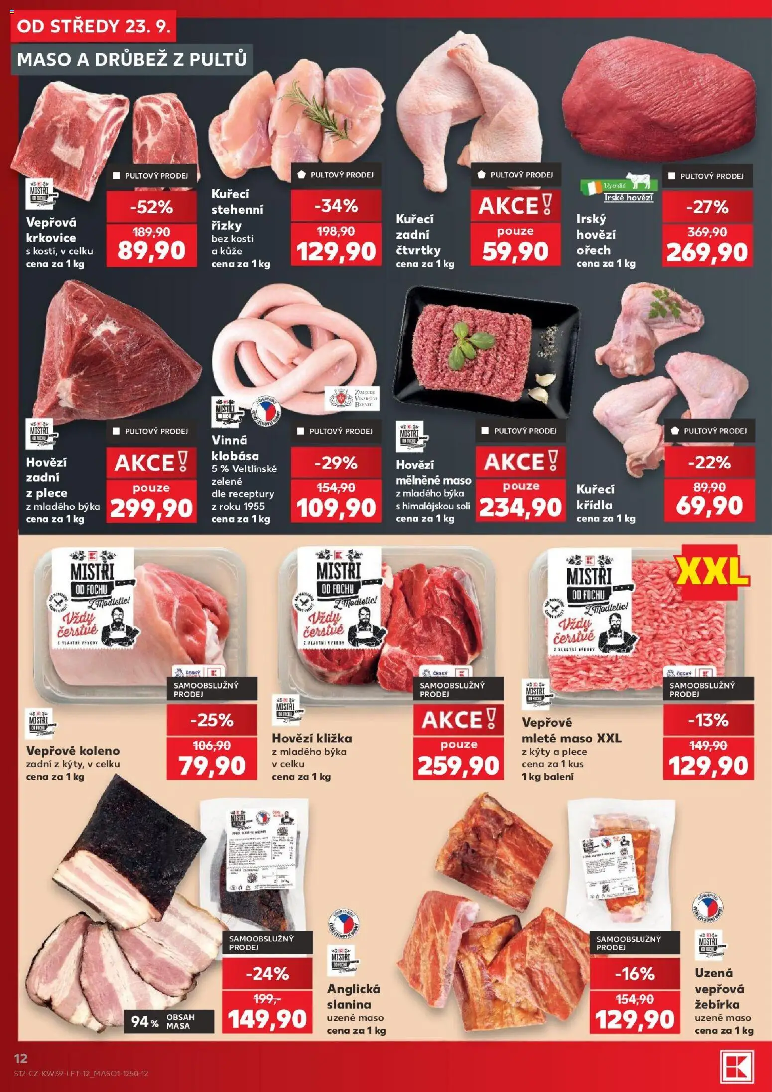 Kaufland leták - Kolín od 23.09.2026 | Strana: 12 | Produkty: Uzené maso, Řízky, Hovězí kližka, Kuřecí Křídla