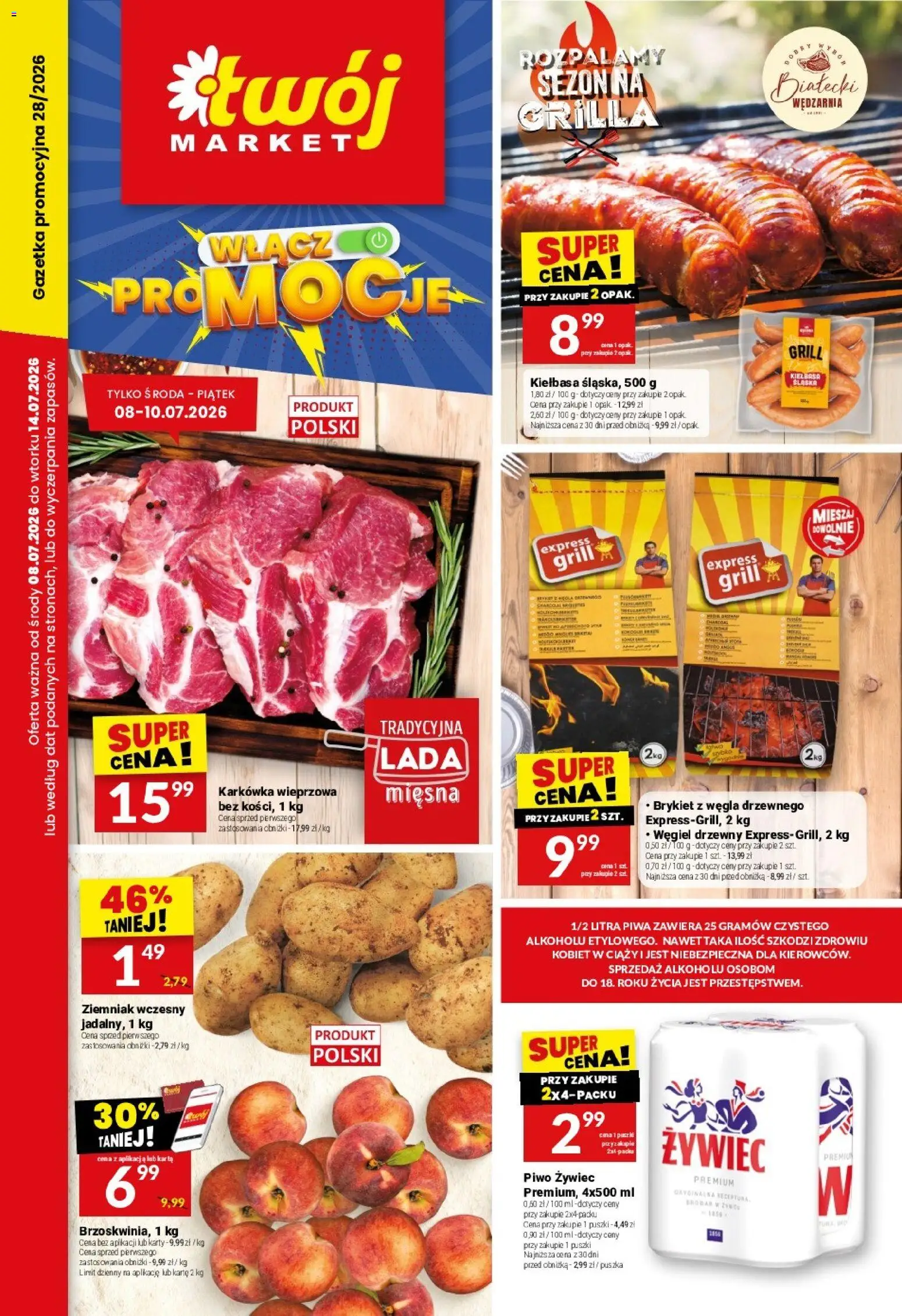 Twój Market gazetka od 08.07.2026 | Strona: 1 | Produkty: Kiełbasa, Karkówka, Karkówka wieprzowa, Grill
