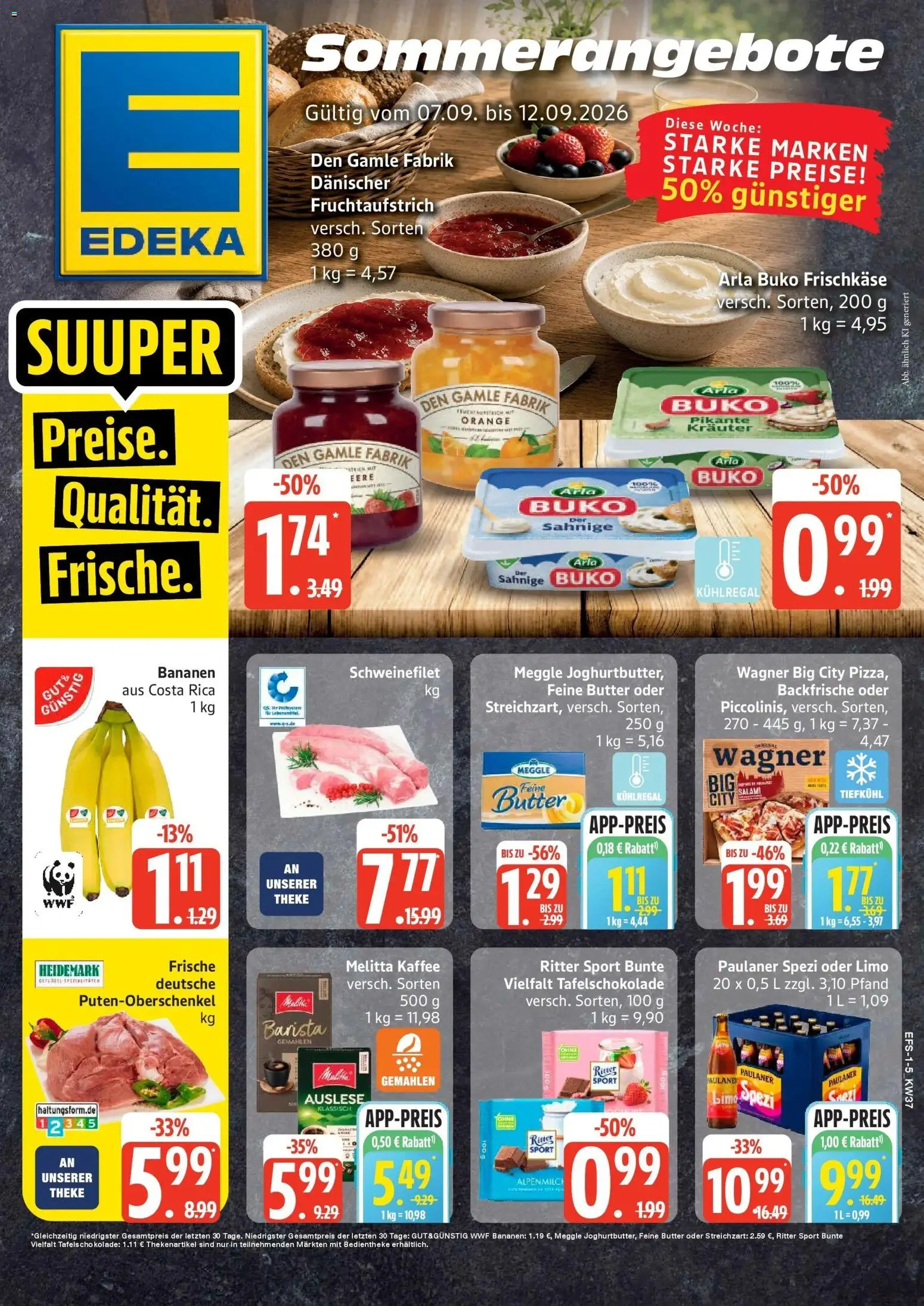 Edeka Prospekt Ostseebad Prerow (ab 07.09.2026) » Angebote Online | Seite: 1 | Produkte: Paulaner spezi, Ritter sport, Arla buko, Meggle butter