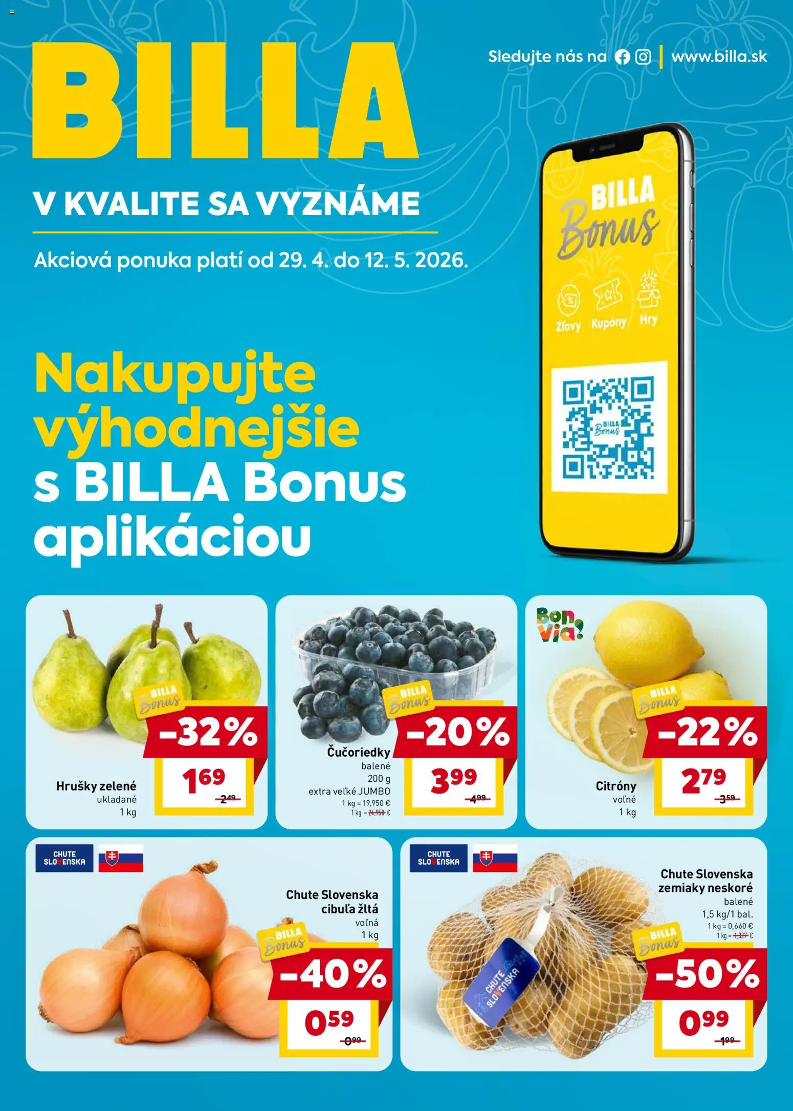 Nové Billa akcie – leták je platný od 29.04.2026 | Strana: 1 | Produkty: Citróny, Čučoriedky, Cibuľa, Hrušky