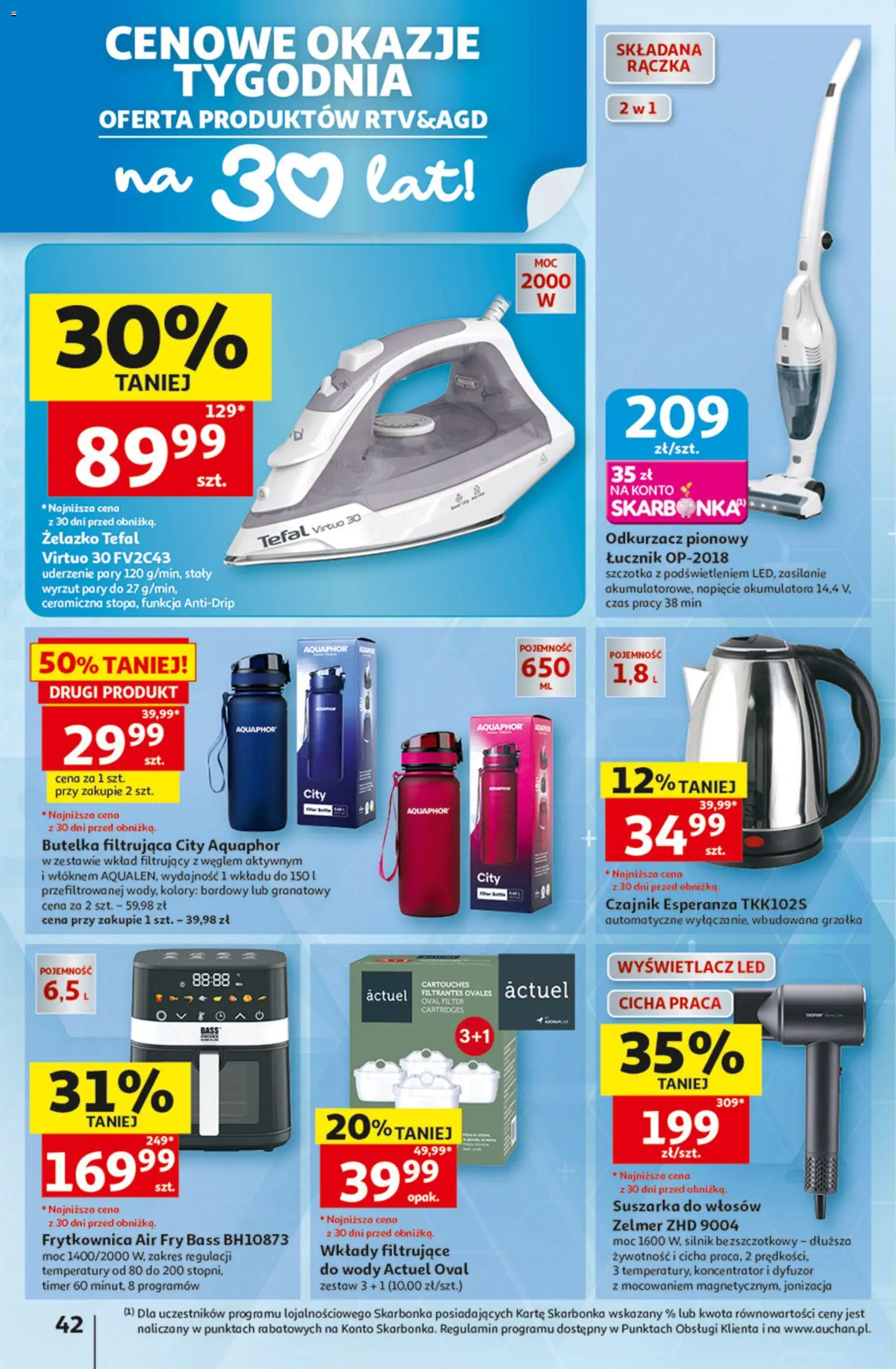 Auchan gazetka - 30 Lat Hipermarket od 27.08.2026 | Strona: 42 | Produkty: Żelazko, Odkurzacz pionowy, Szczotka, Tefal