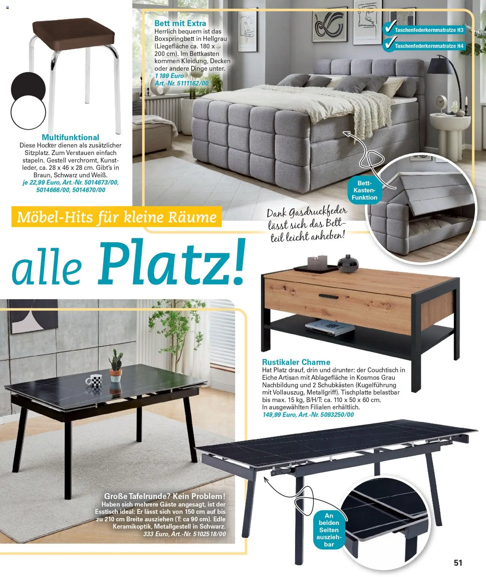 Poco Wohnwelt Winter 2025 – gültig ab 01.12.2025 | Seite: 51 | Produkte: Hocker, Esstisch, Bett, Boxspringbett