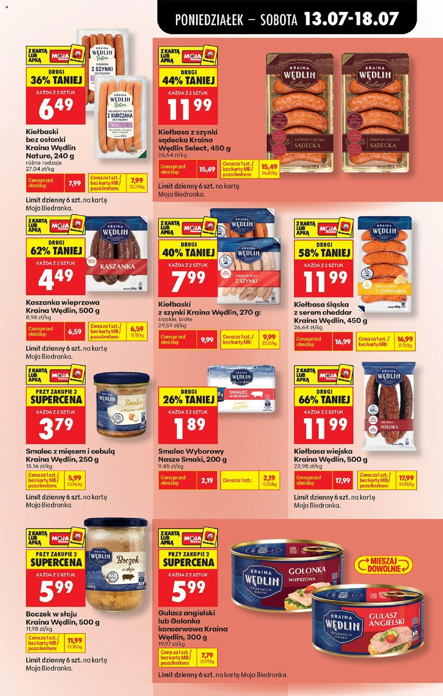 Biedronka gazetka od poniedziałku od 13.07.2026 | Strona: 51 | Produkty: Kiełbasa, Kaszanka, Gulasz angielski, Gulasz