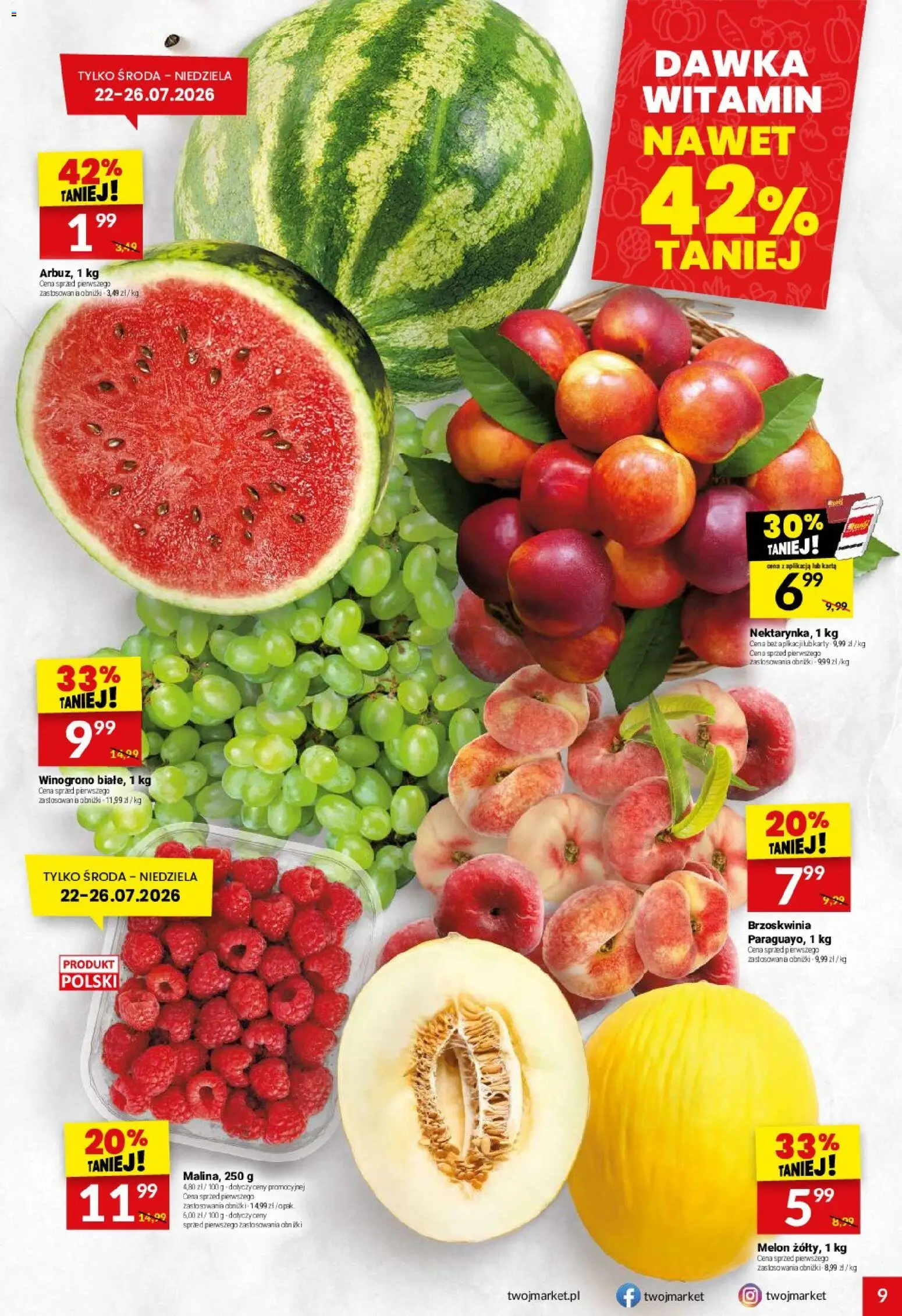 Twój Market gazetka od 22.07.2026 | Strona: 9 | Produkty: Brzoskwinia, Karta, Melon, Winogrono