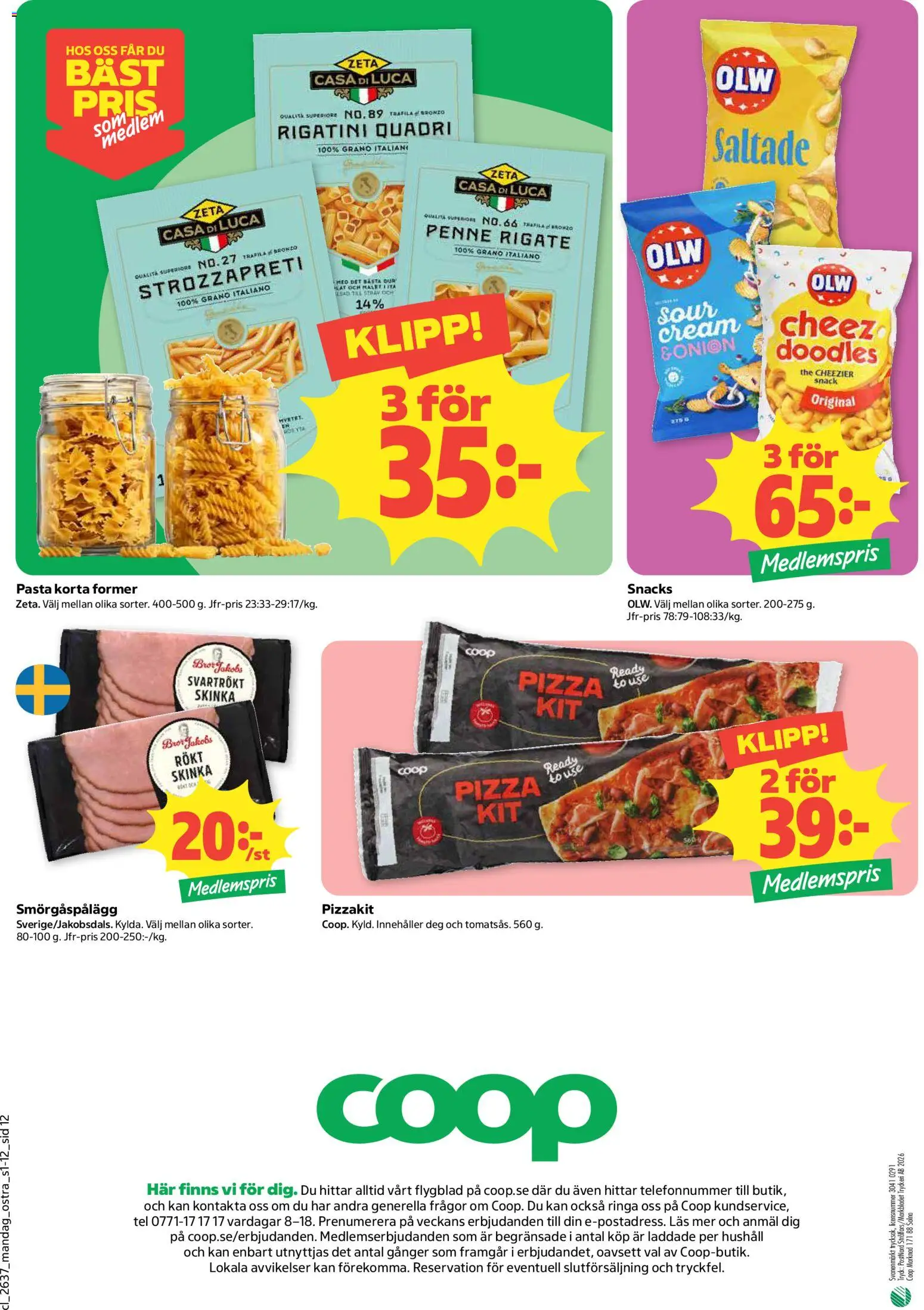 Coop Daglivs reklamblad aktuell från 07/09/2026 | Sida: 12 | Produkter: Smörgåspålägg, Skinka, Pizzakit, Pasta