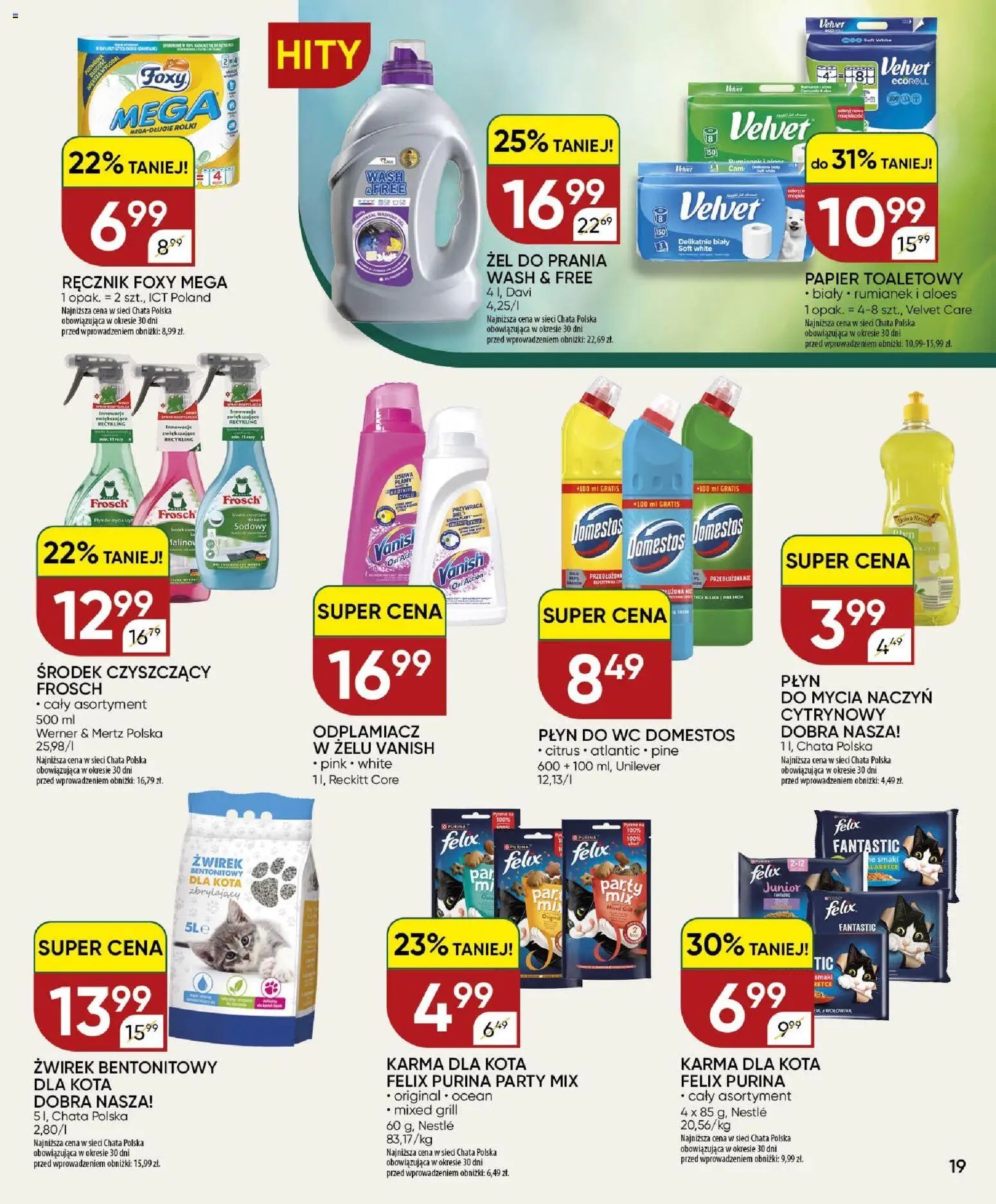 Chata Polska gazetka od 27.08.2026 | Strona: 19 | Produkty: Aloes, Karma dla kota, Płyn do WC Domestos, Karma