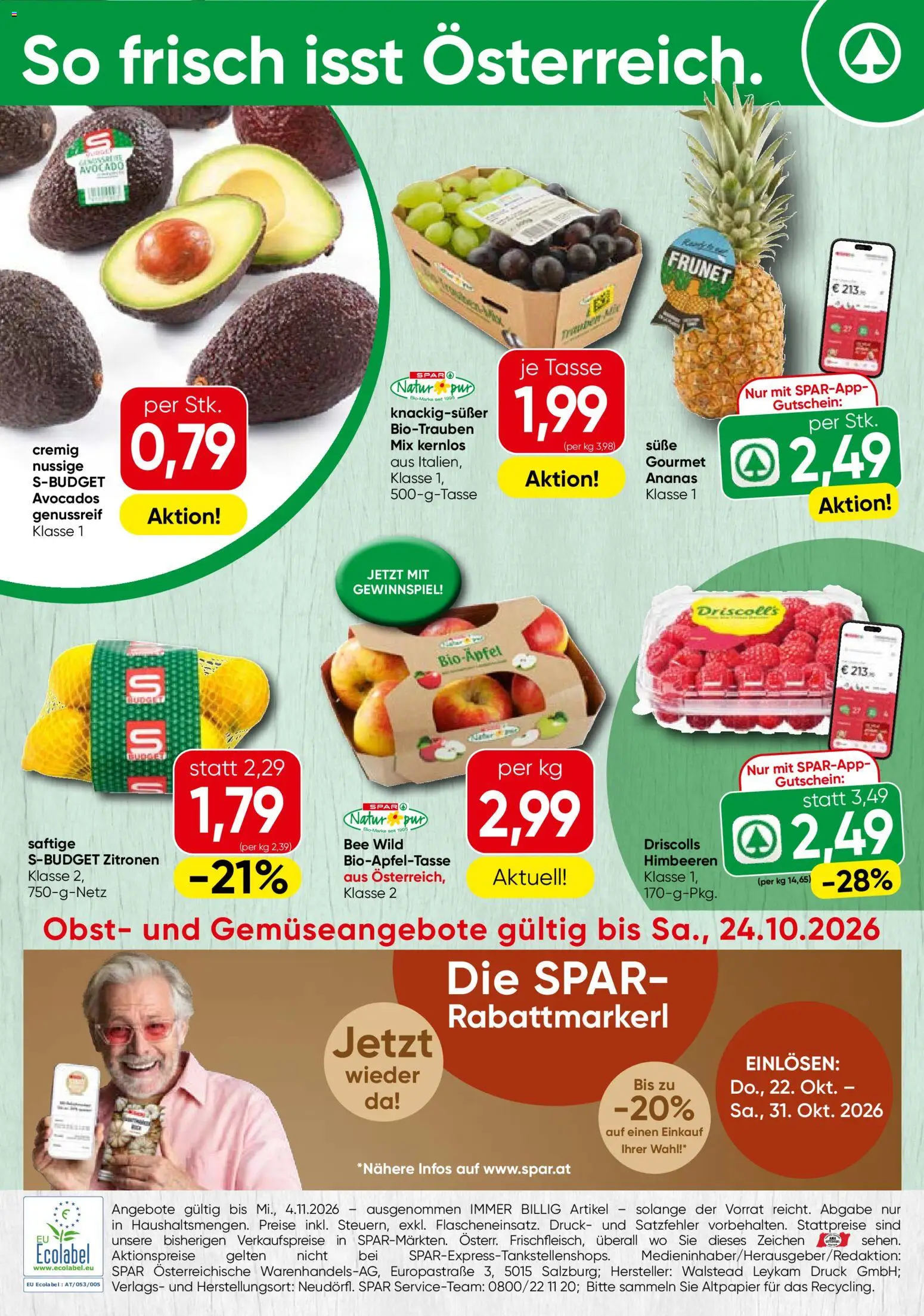 Spar Obst & Gemüse gültig ab 19.10.2026 | Seite: 1 | Produkte: Avocado, Obst, Ananas