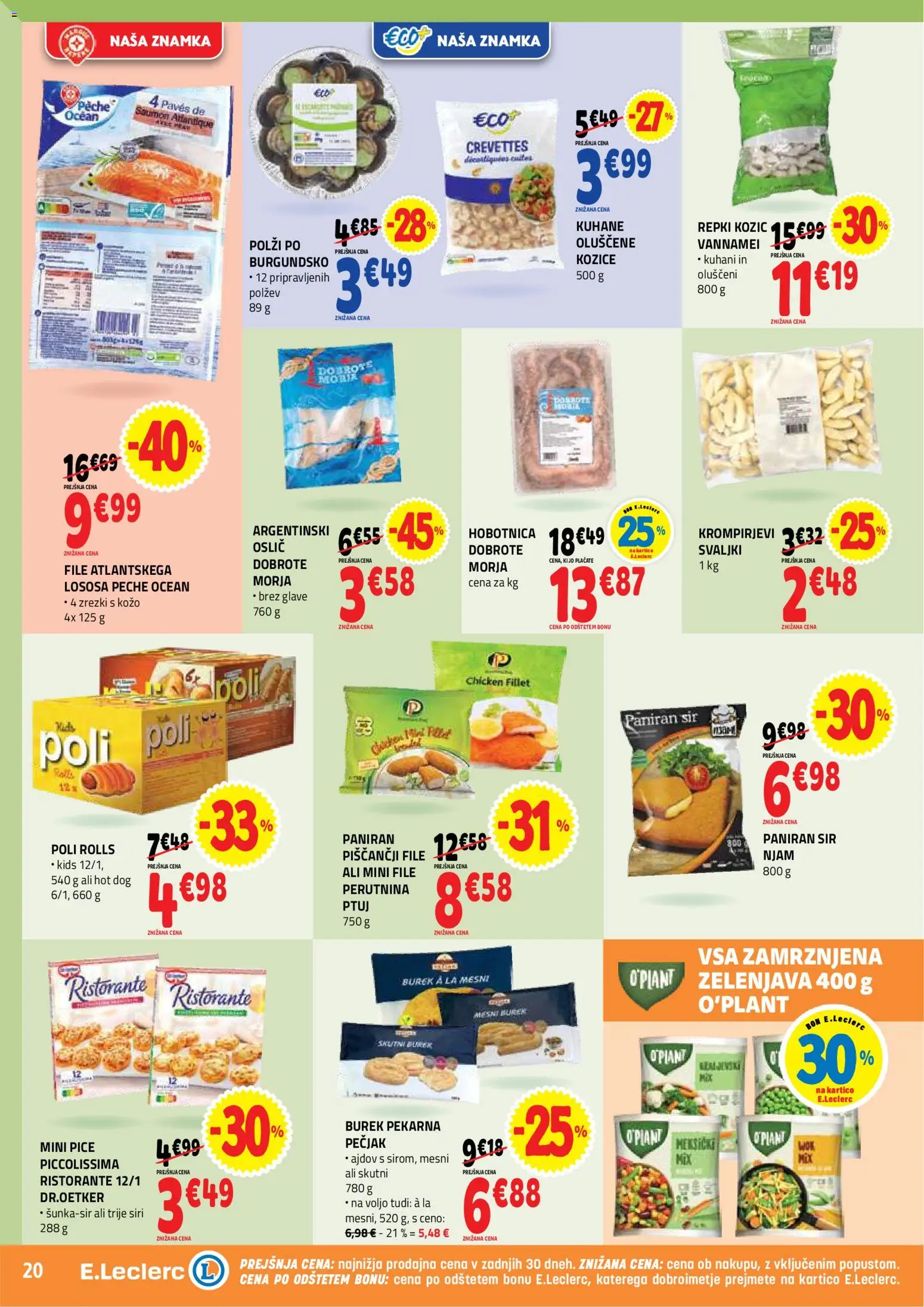 Novi E.leclerc katalog ponudbe – veljaven od 12.08.2026 | Stran: 20 | Izdelki: Kozice, Hobotnica, Sir, Zrezki