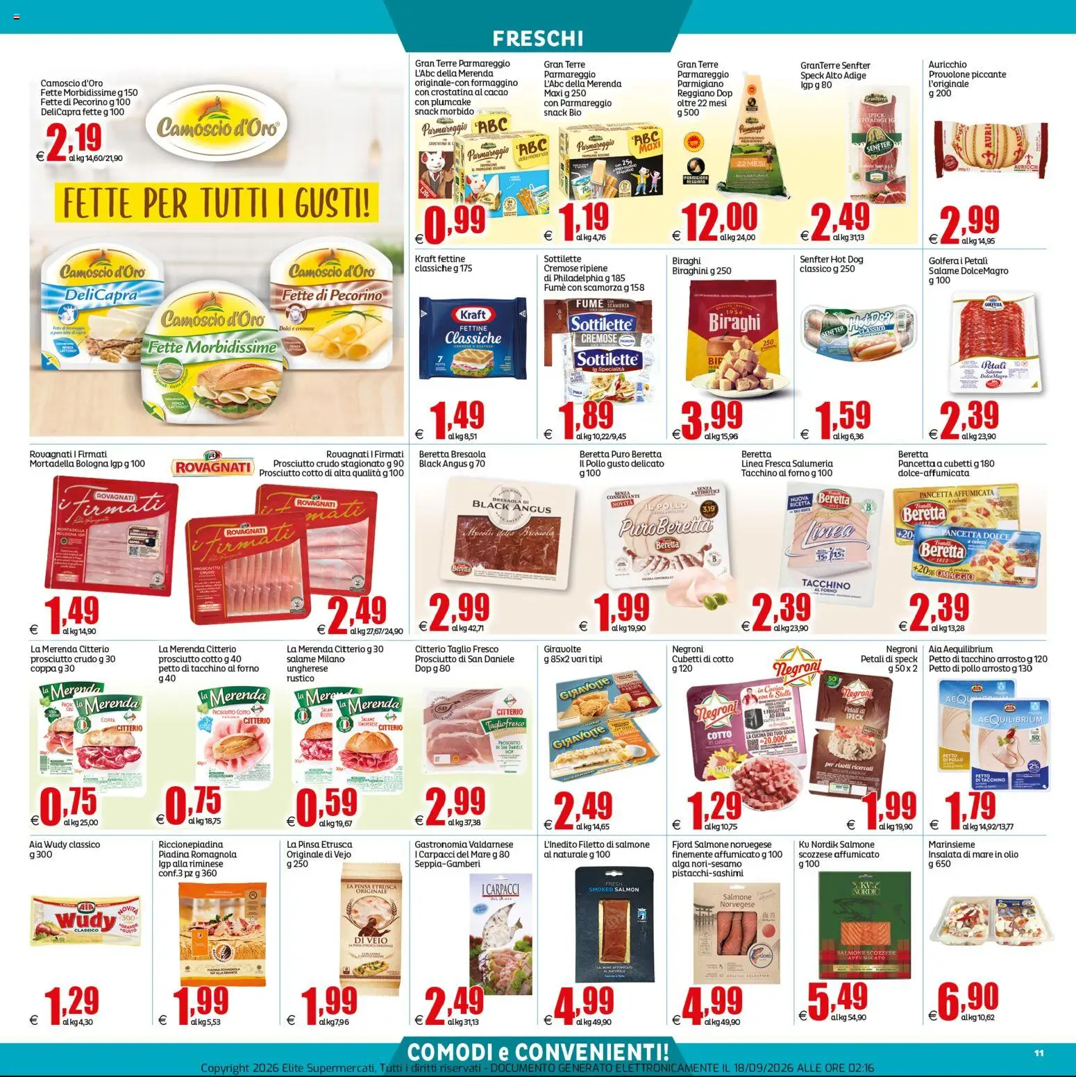 Volantino Elite Supermercati del 18/09/2026 | Pagina: 11 | Prodotti: Arrosto, Provolone, Prosciutto Cotto, Salmone