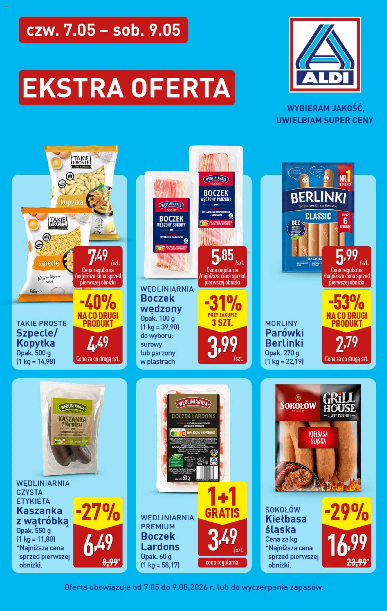 Aldi gazetka - Oferta specjalna II od 07.05.2026 | Strona: 4 | Produkty: Parówki berlinki, Kiełbasa śląska, Boczek, Kopytka