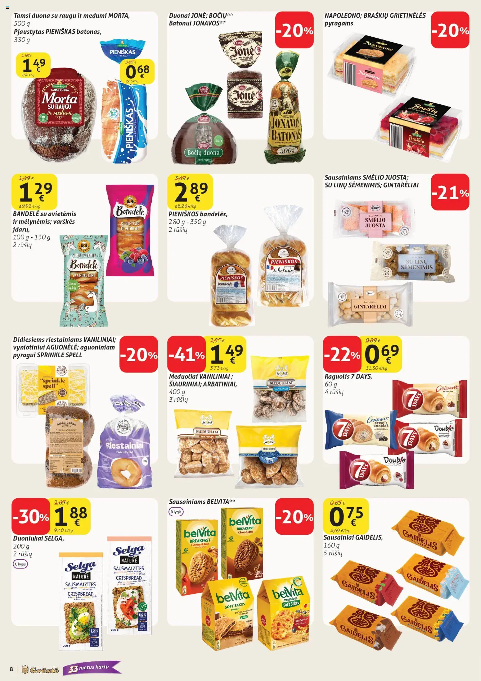 GRUSTE akcijos nuo 11.05.2026 | Puslapis: 8 | Prekių: Sausainiai, Batonas, Bandelės, Duona