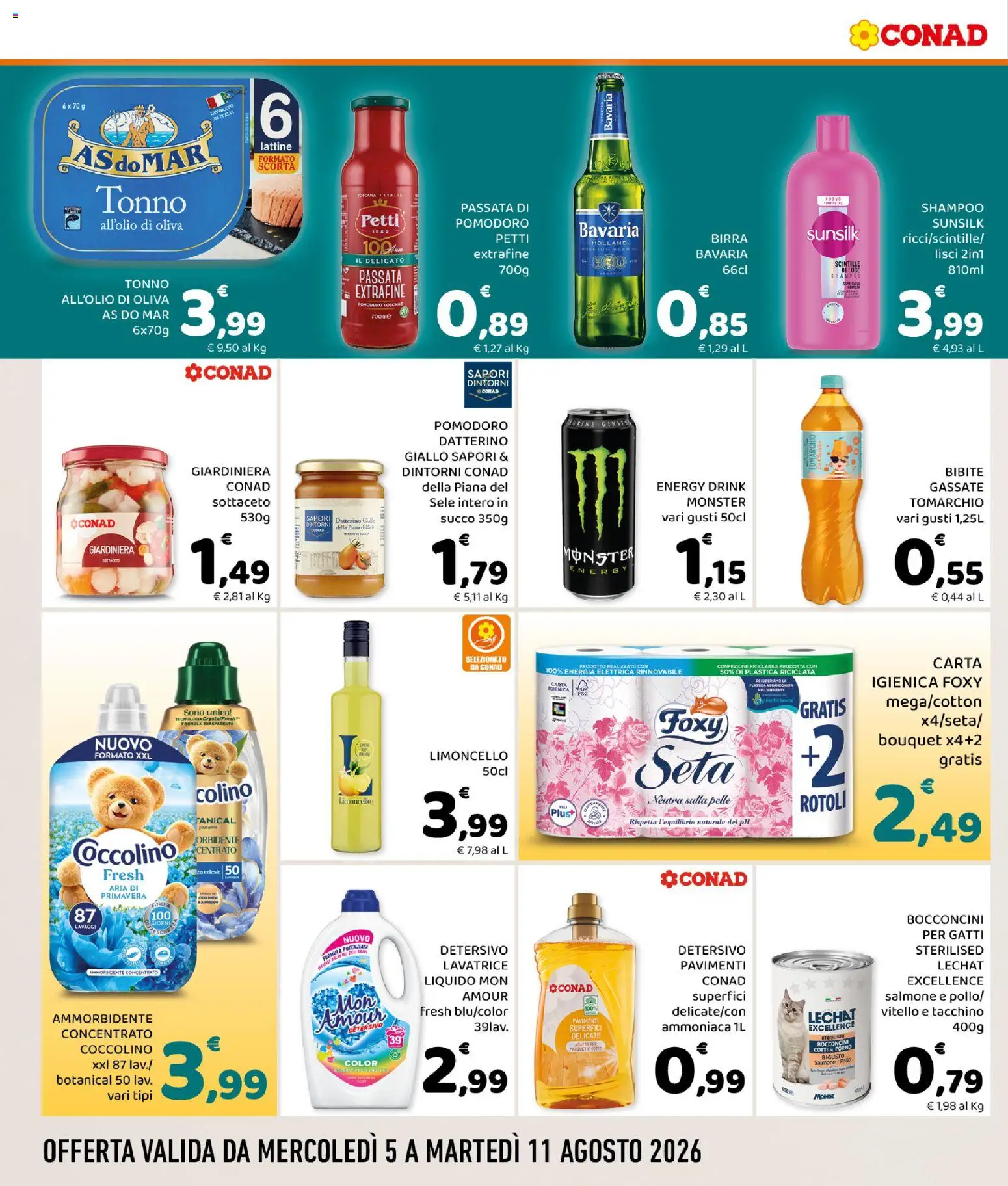 Volantino Conad del 05/08/2026 | Pagina: 4 | Prodotti: Shampoo, Salmone, Pomodoro, Tonno