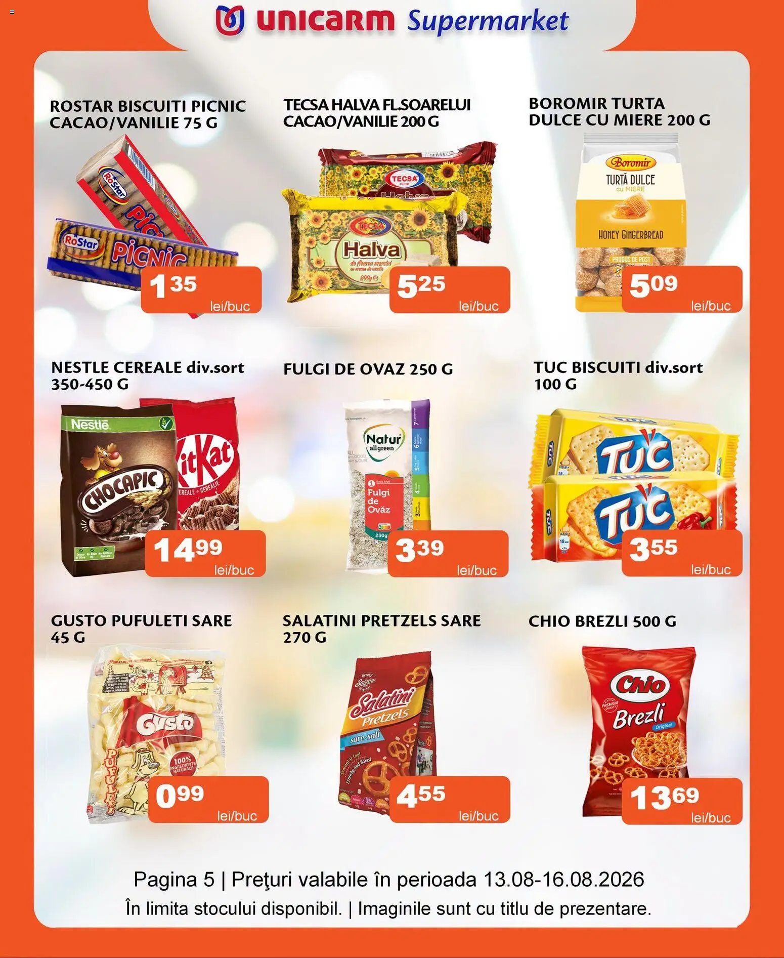 Noul catalog Unicarm – valabil de la 13.08.2026 | Pagină: 5 | Produse: Pufuleți, Biscuiți, Fulgi, Turtă dulce