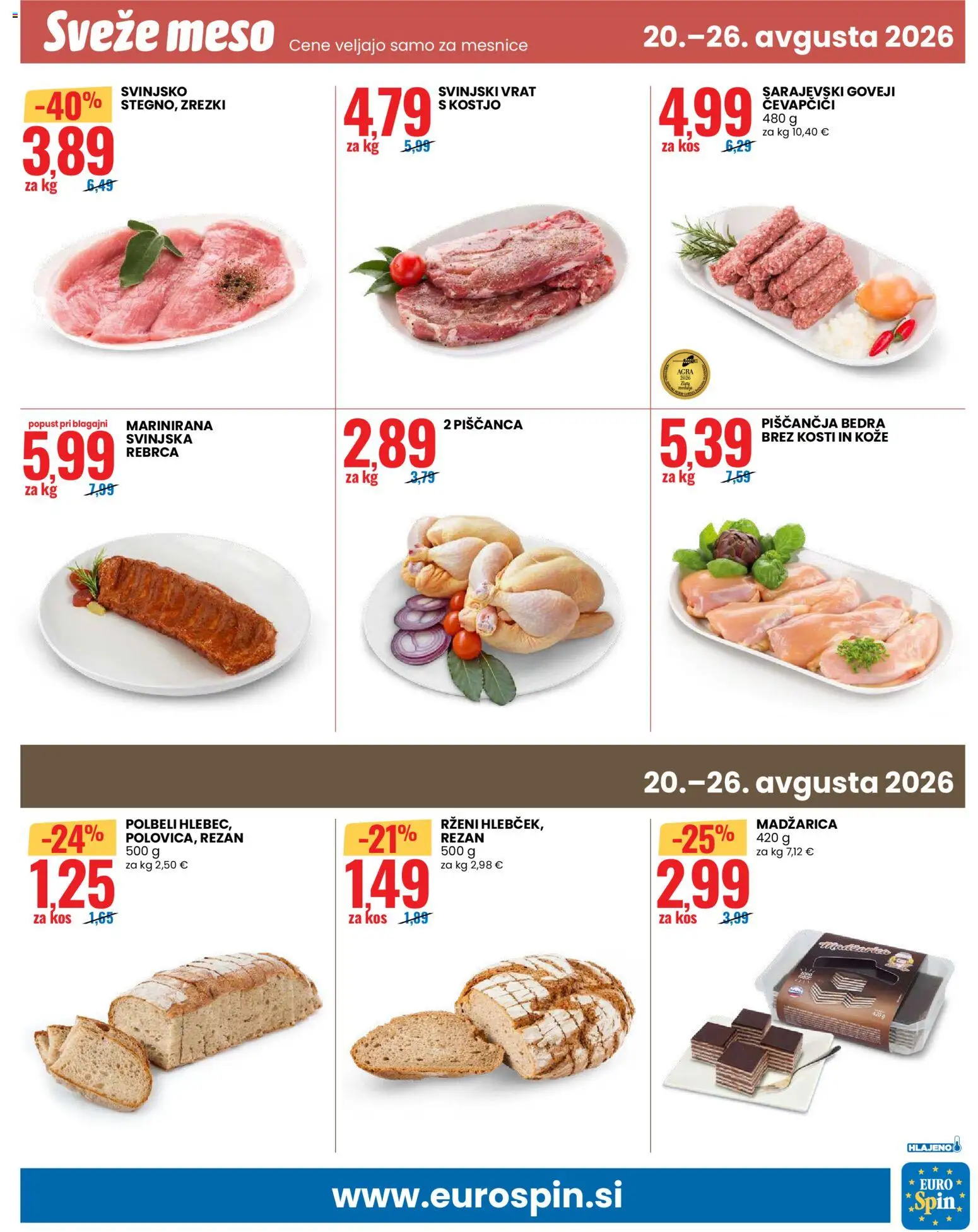 Novi Eurospin katalog ponudbe – veljaven od 20.08.2026 | Stran: 13 | Izdelki: Rebrca, Čevapčiči, Piščančja bedra, Zrezki