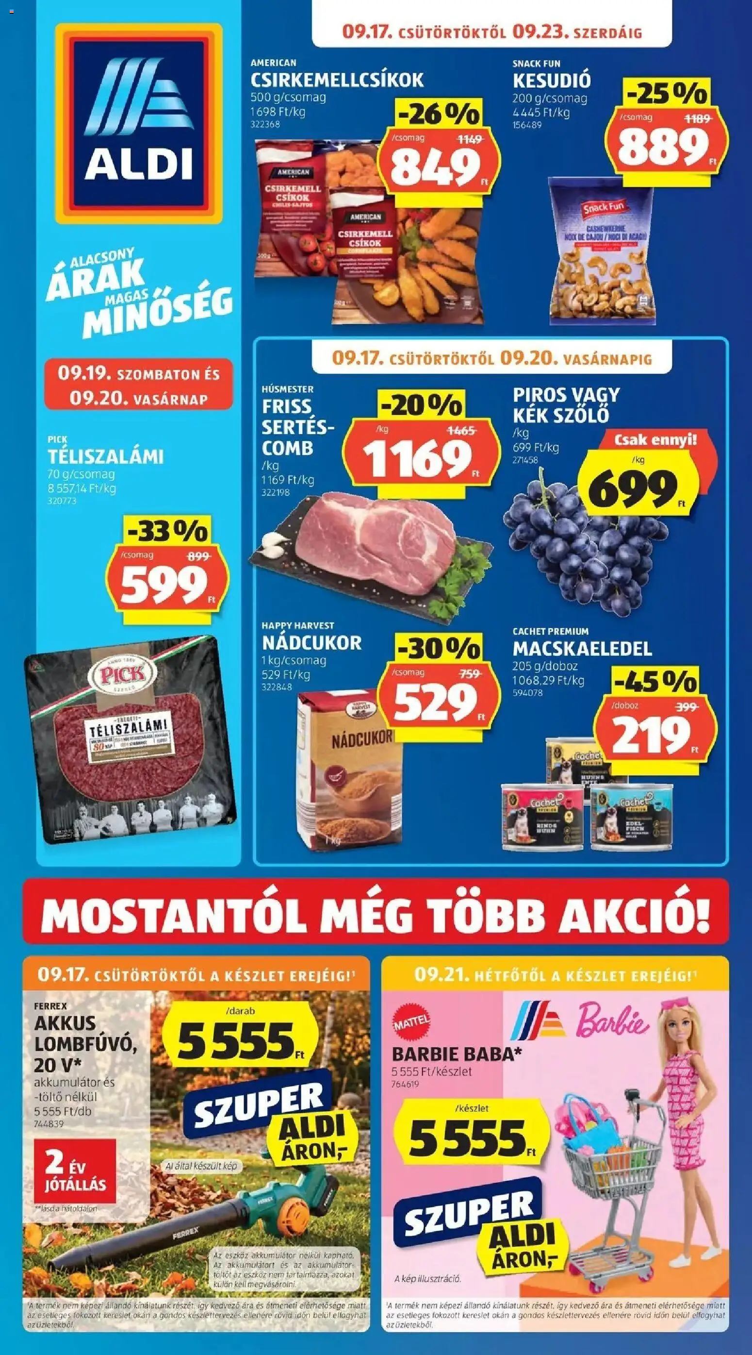 Aldi aktuális akciós újság - 2026.09.17. -tól/töl > akció, lapozható szórólap 🛍️ | Oldal: 1 | Termékek: Szőlő, Pick téliszalámi, Macskaeledel, Akkumulátor