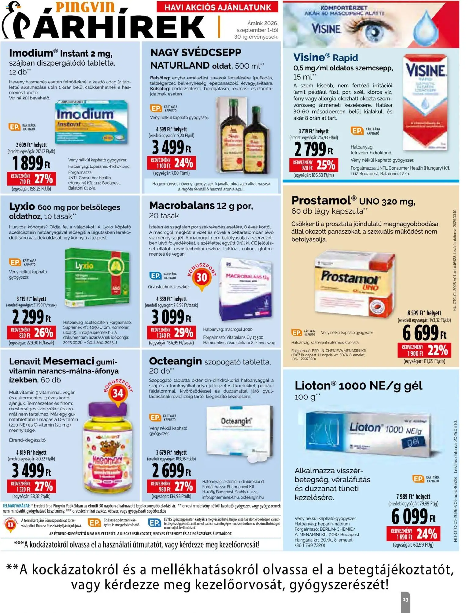 Pingvin Patika akciós ujság - amely érvényes a következő dátumtól: 2026.09.01. | Oldal: 13 | Termékek: Kapszula, Vitamin, Multivitamin, Víz