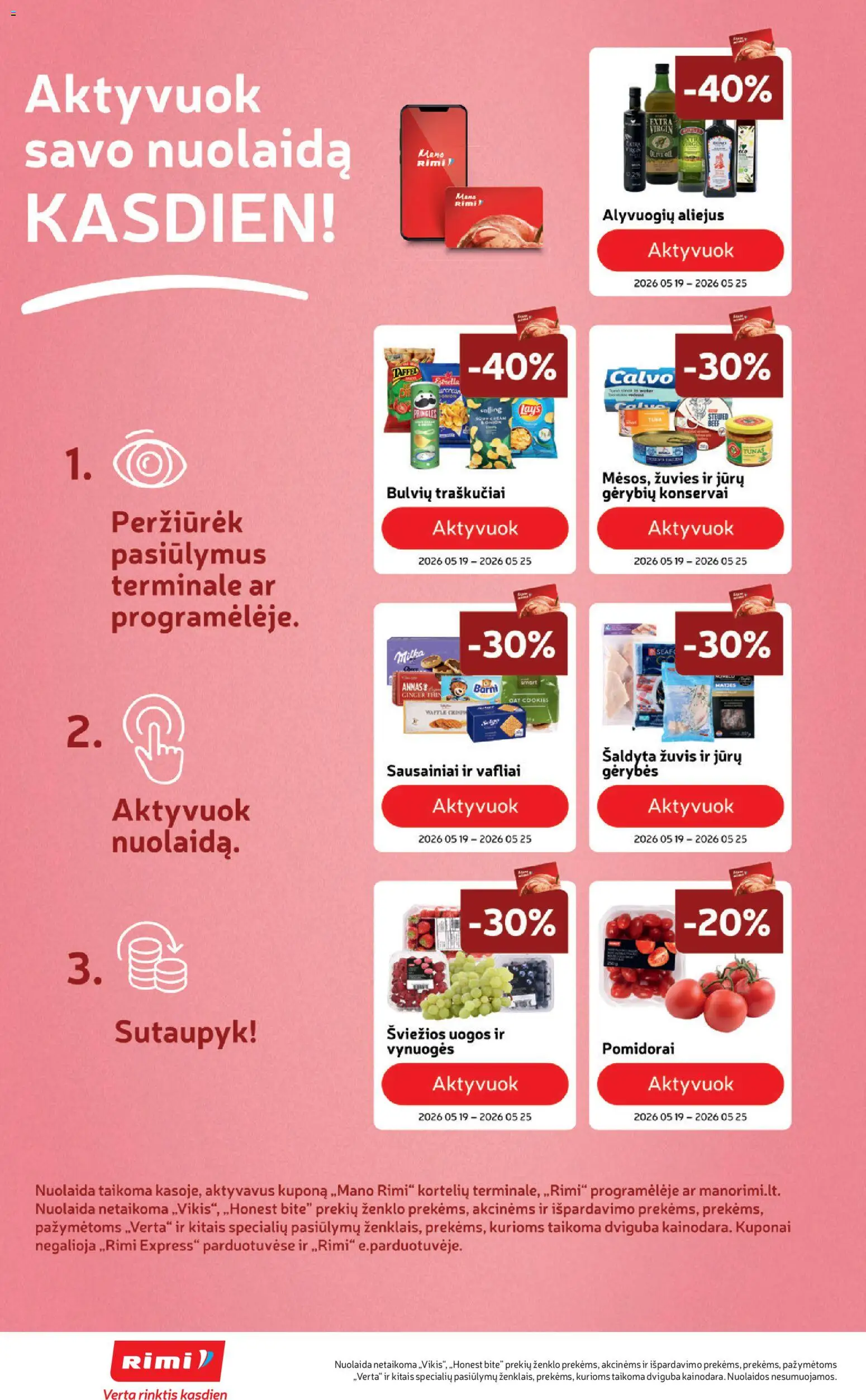 Rimi akcijos nuo 19.05.2026 | Puslapis: 20 | Prekių: Sausainiai, Pomidorai, Žuvis, Vafliai