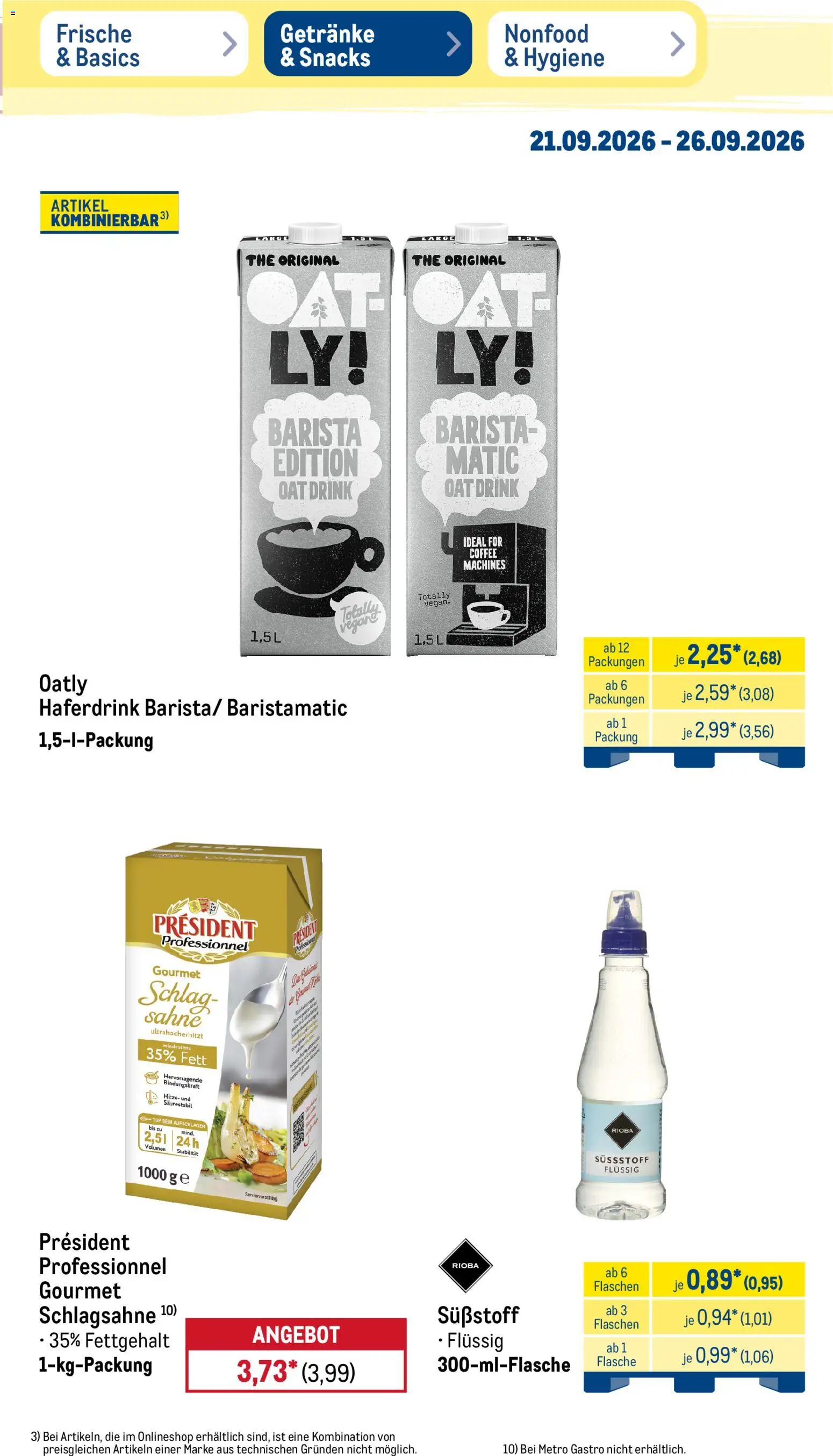 Metro NonFood-Angebote – gültig ab 21.09.2026 | Seite: 27 | Produkte: Schlagsahne, Haferdrink, Oatly, Sahne